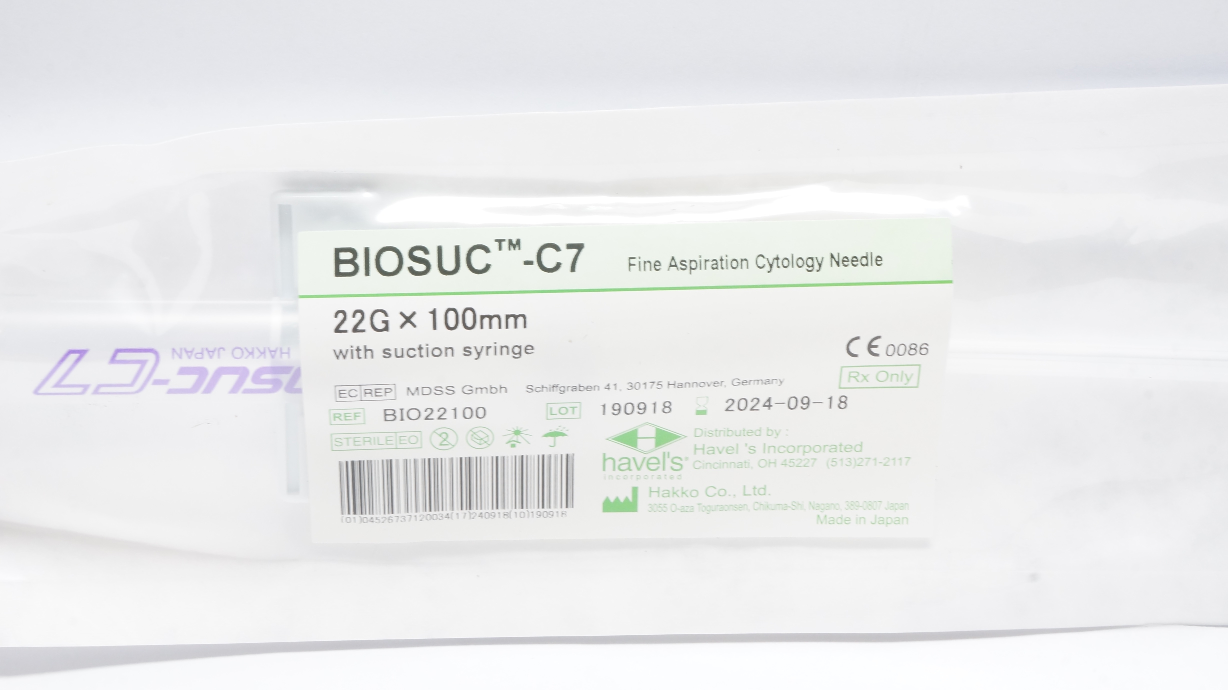 Hakko BIO22100 Havels BIOSUC-C7 Fine Aspiration Cytology Ndle 22G x 100mm (x)