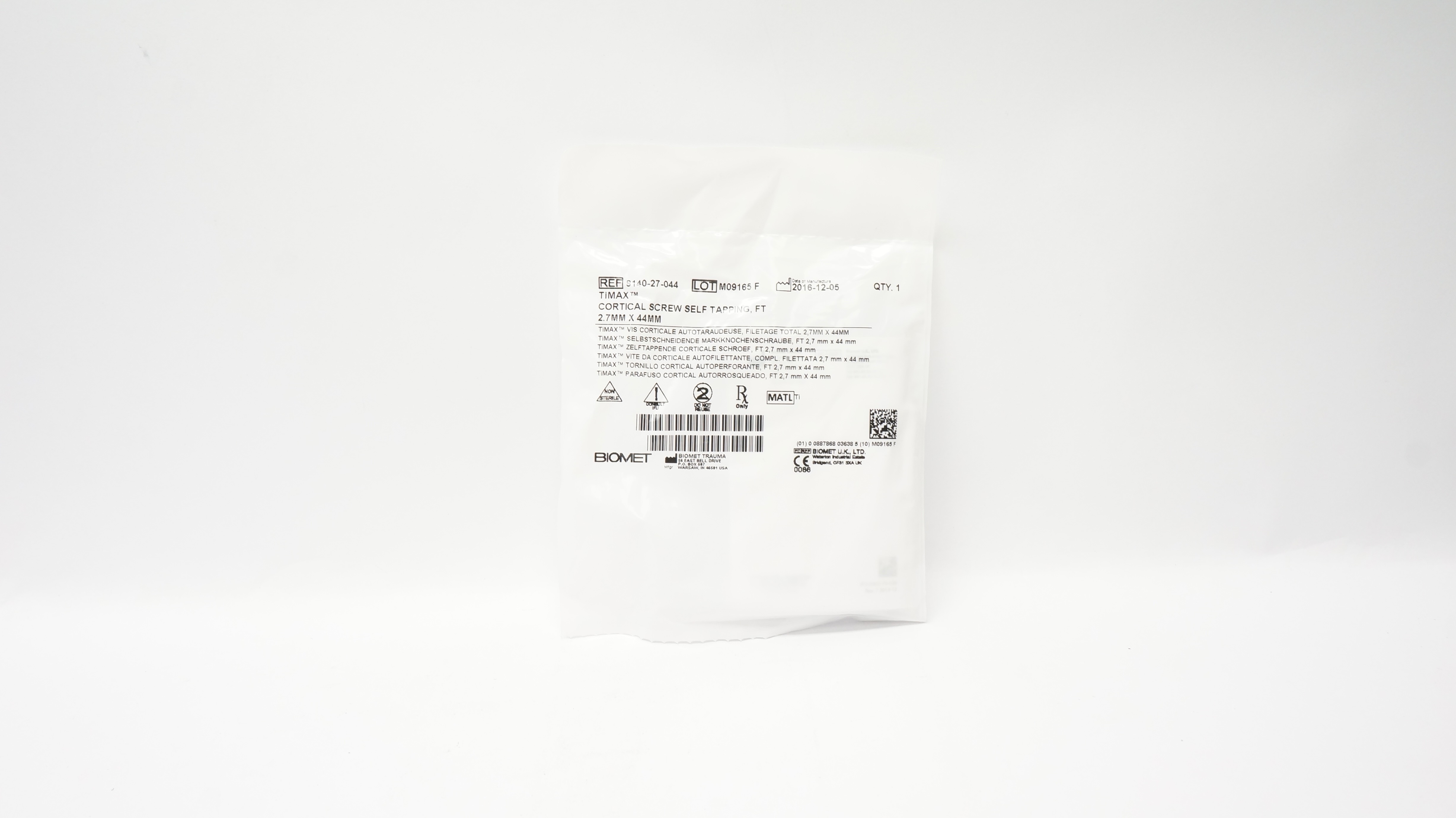 Biomet 8140-27-044 Timax Cortical Screw Self Tapping, FT 2.7mm x 44mm