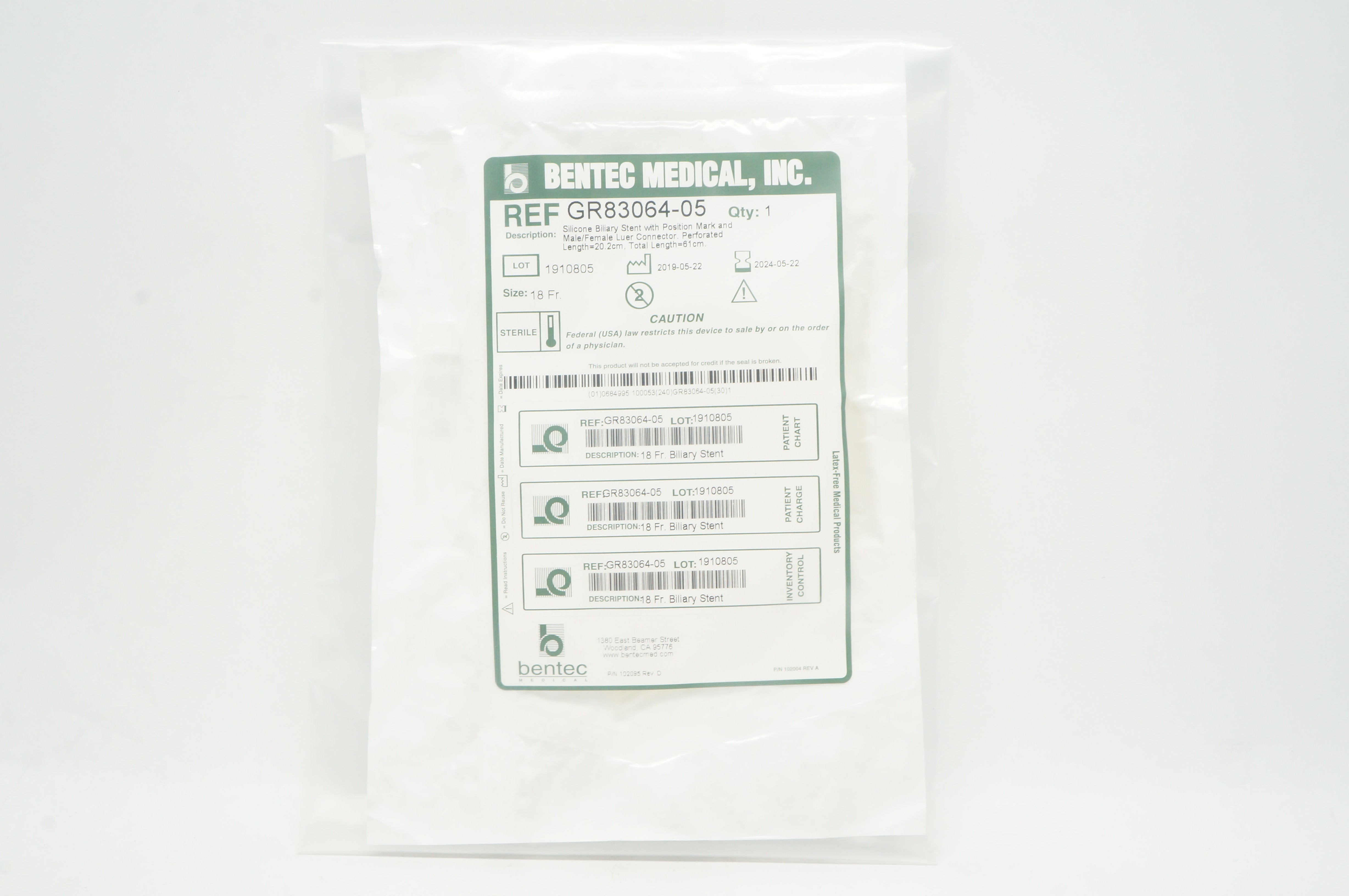 Bentec Medical GR83064-05 Silicone Biliary Stent with Position Mark 18Fr