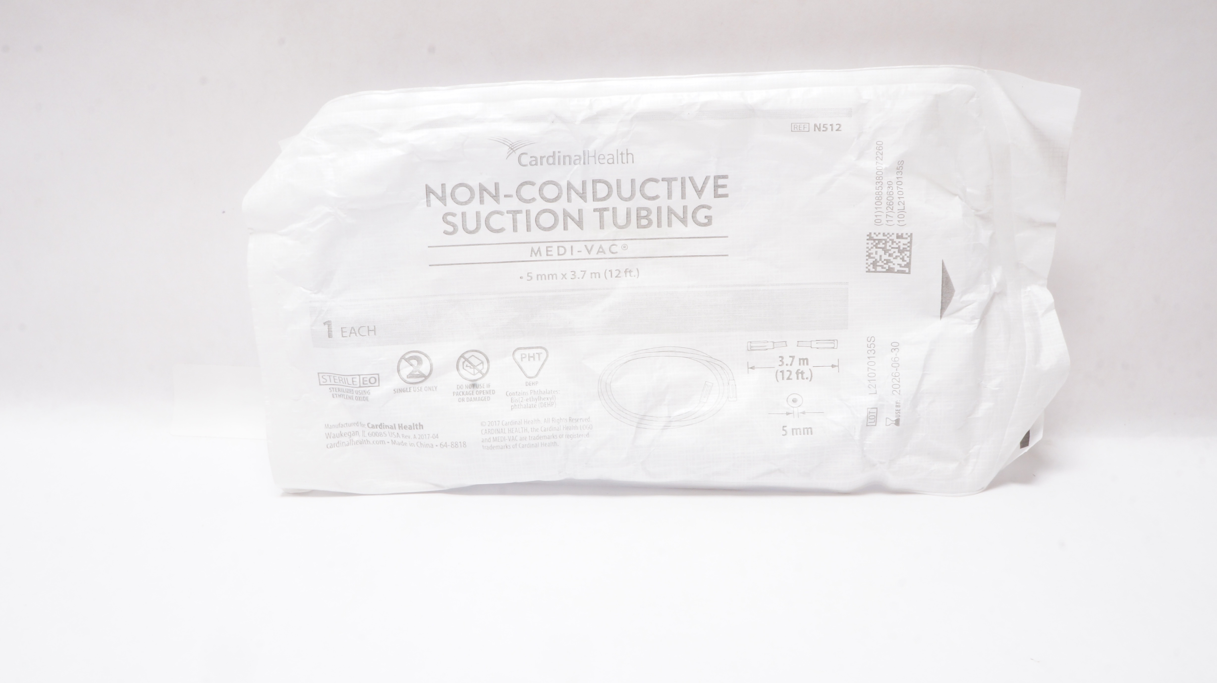 Cardinal Health N512 Medical-Vac Non-Conductive Suction Tubing 5mm I.D. x 3.7mL