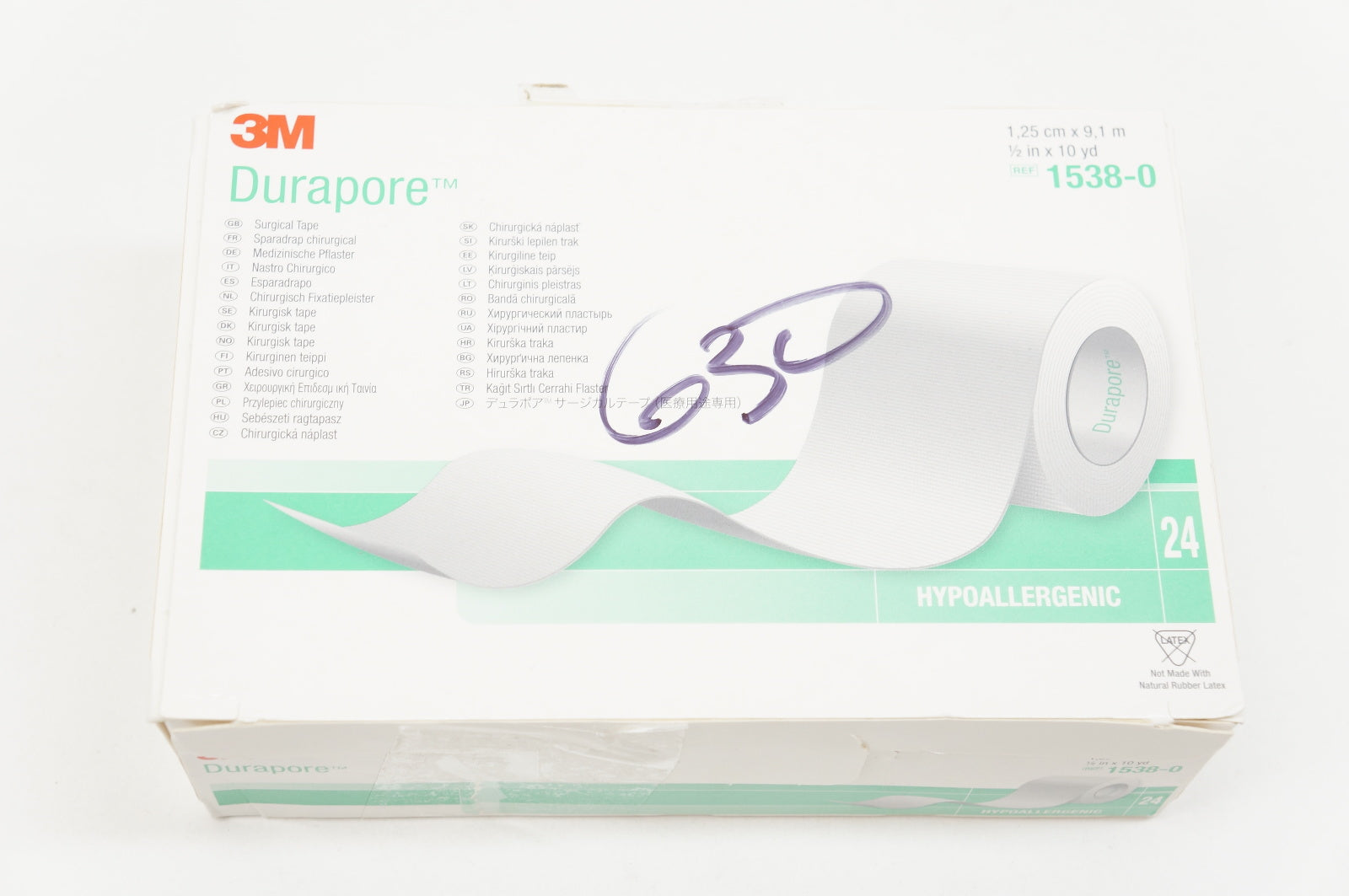 3M 1538-0 Durapore Surgical Tape 1/2inch x 10yd. - Box of 24