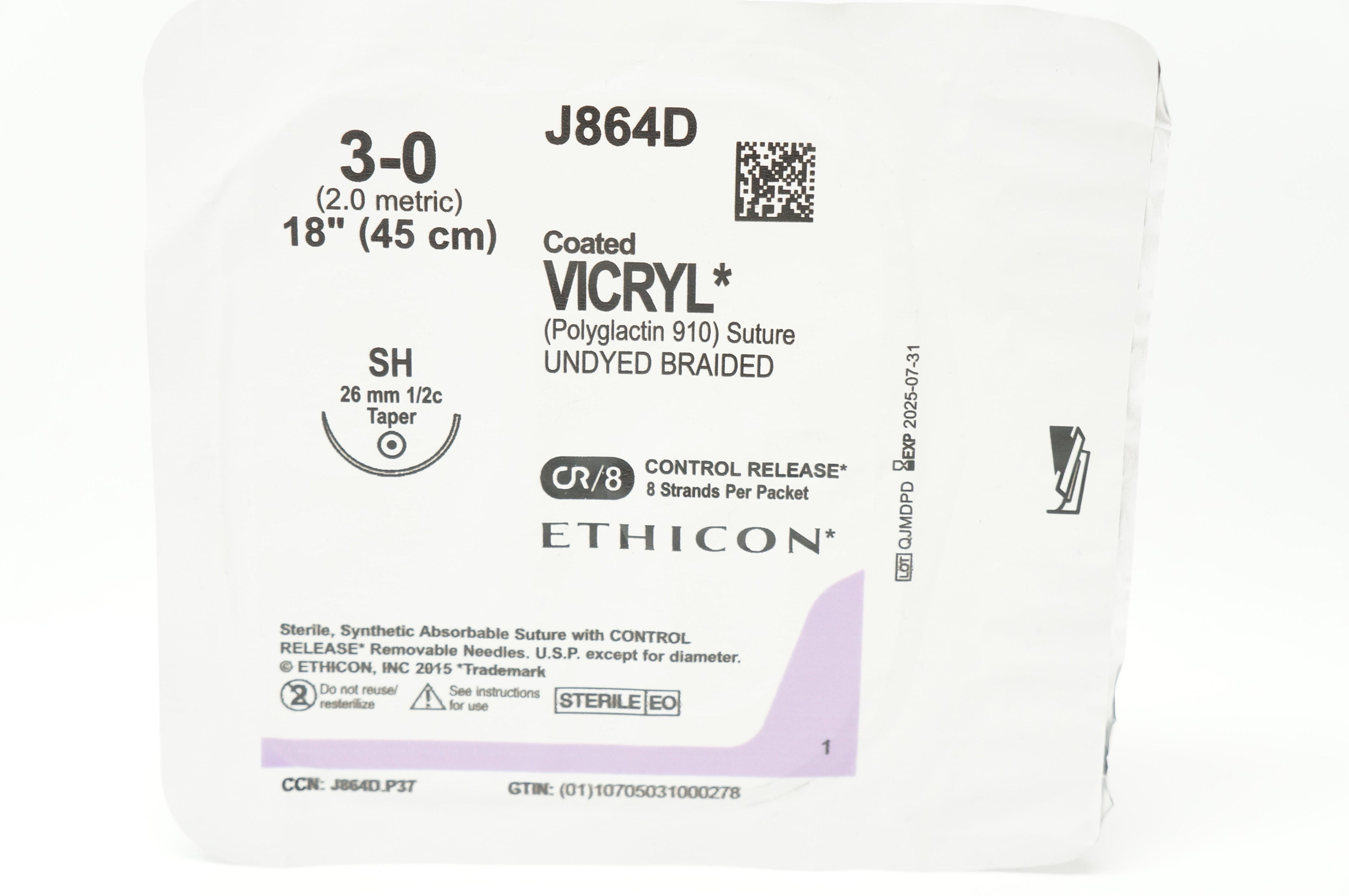 Ethicon J864D 3-0 Coated VICRYL Polyglactin 910 Stre SH 26mm 1/2c Taper, 18inch