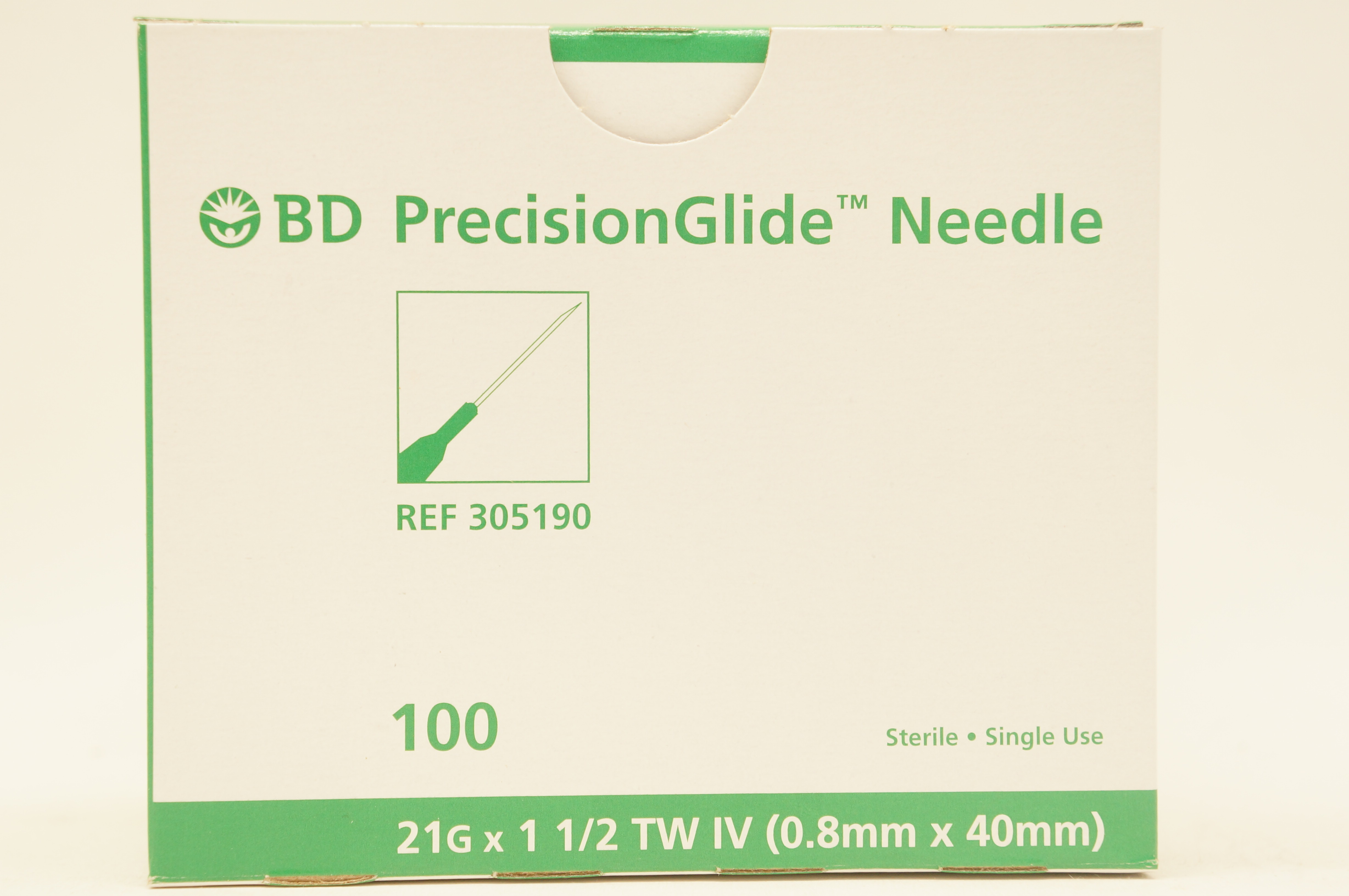 BD 305190 Becton PrecisionGlide Ndle. TW IV, 21G x 1-1/2inch - Box of 100