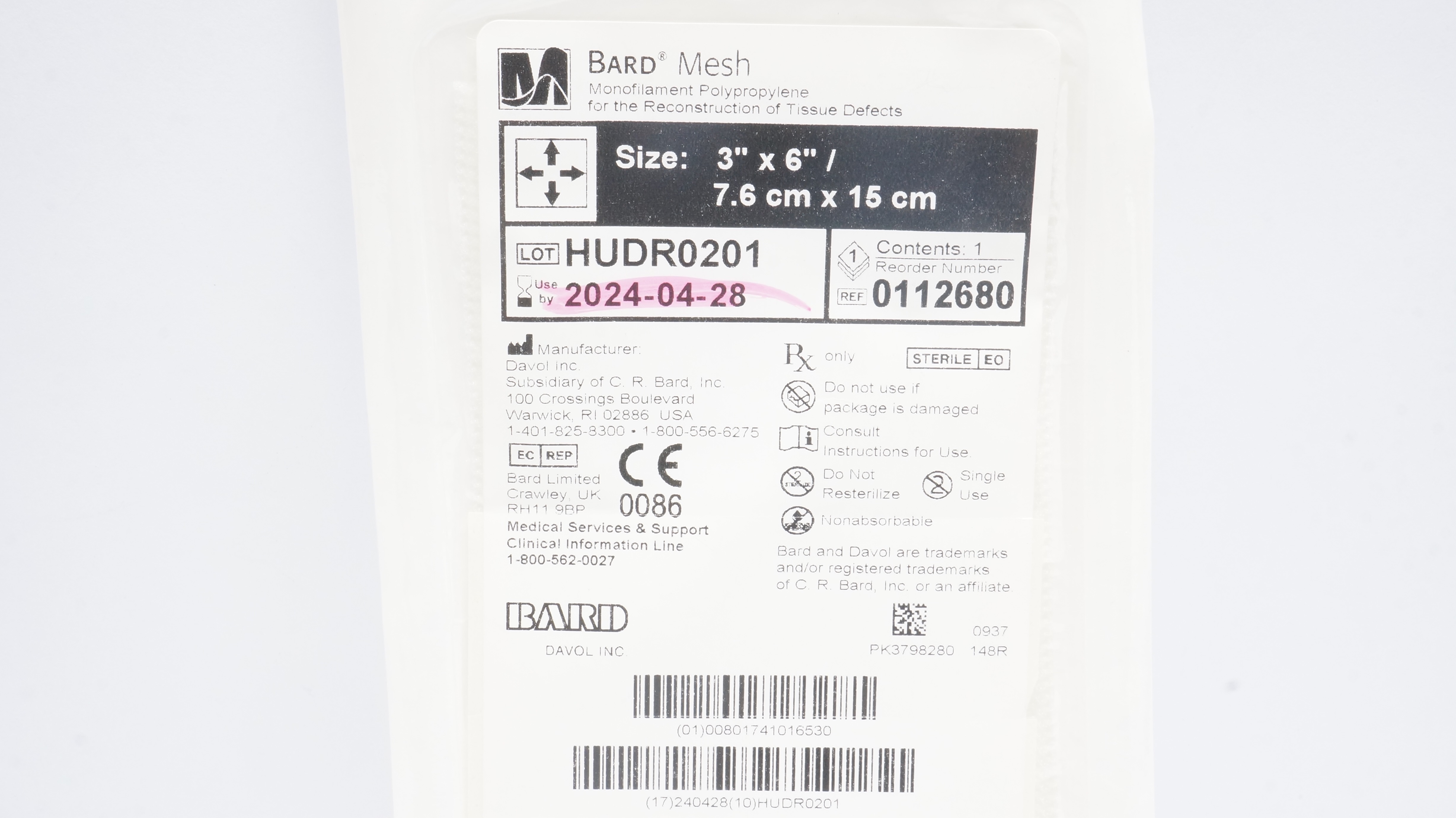 Bard 0112680 Mesh Monofilament Polypropylene, Size 3inch x 6inch (x)