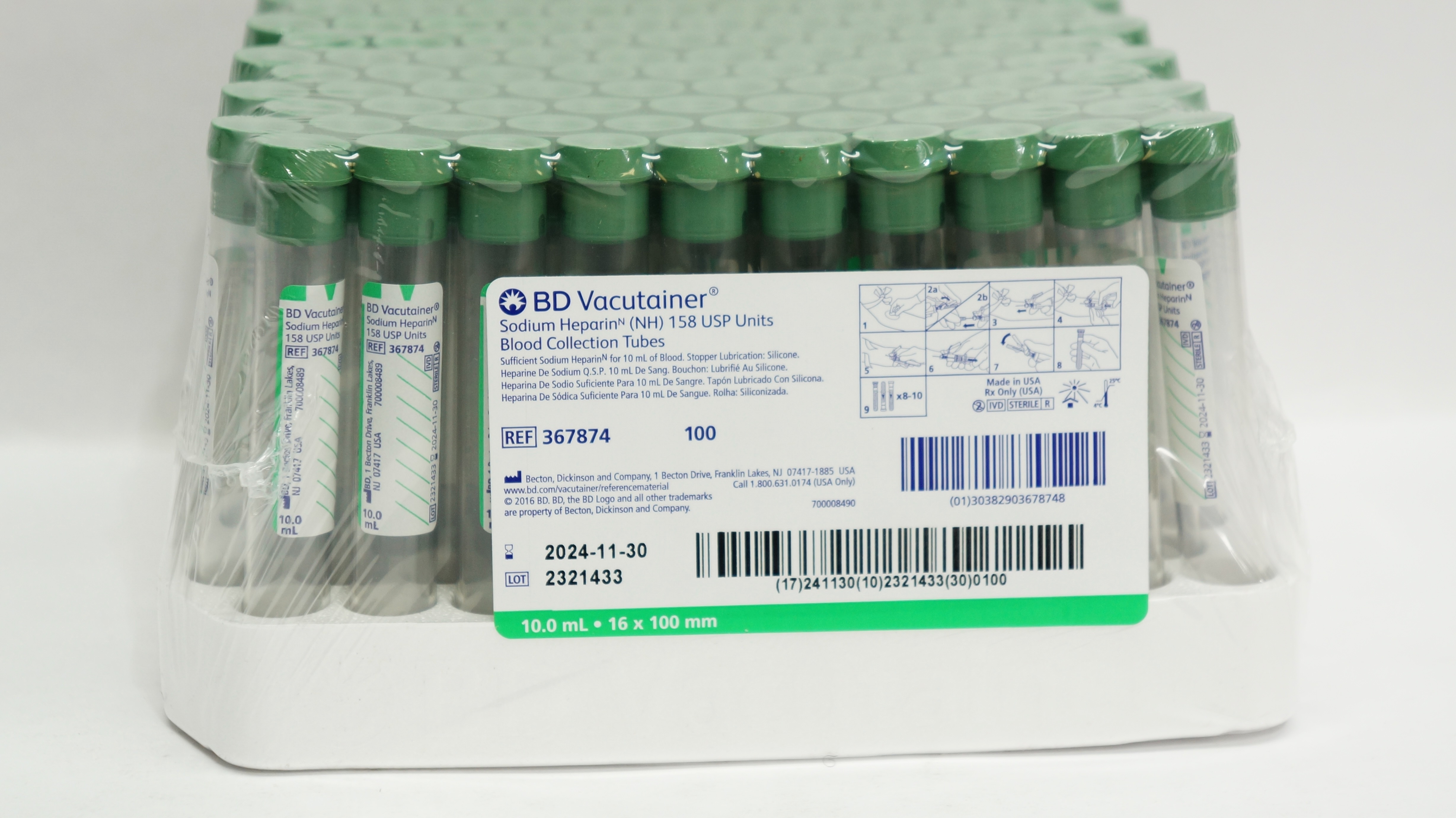 BD 367874 Vacutainer NH Blood Collection Tubes 10.0mL 16 x 100mm - Box of 100