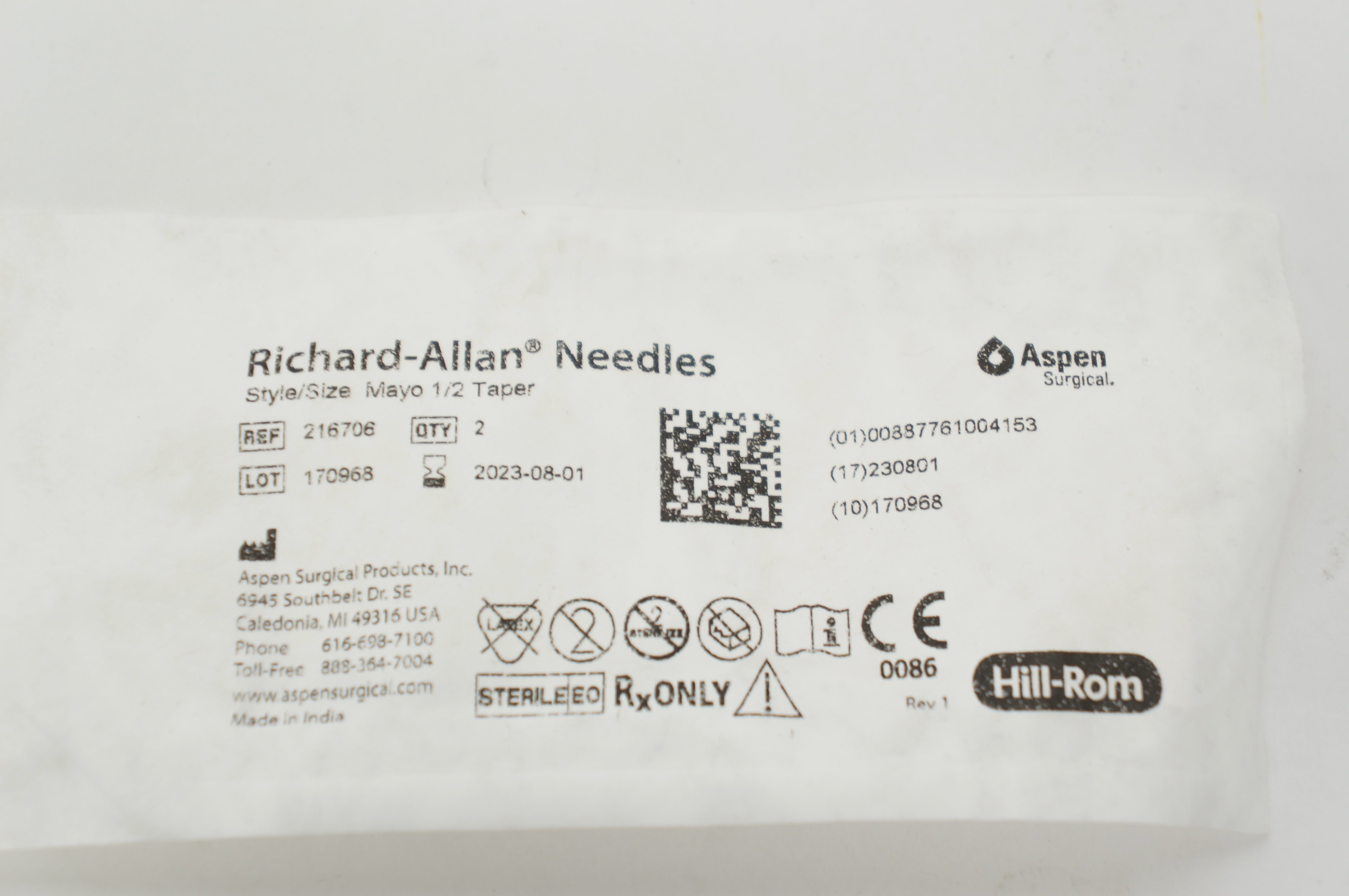 Aspen Surgical 216706 Richard-Allan Ndles, Mayo 1/2 Taper - Pack of 2