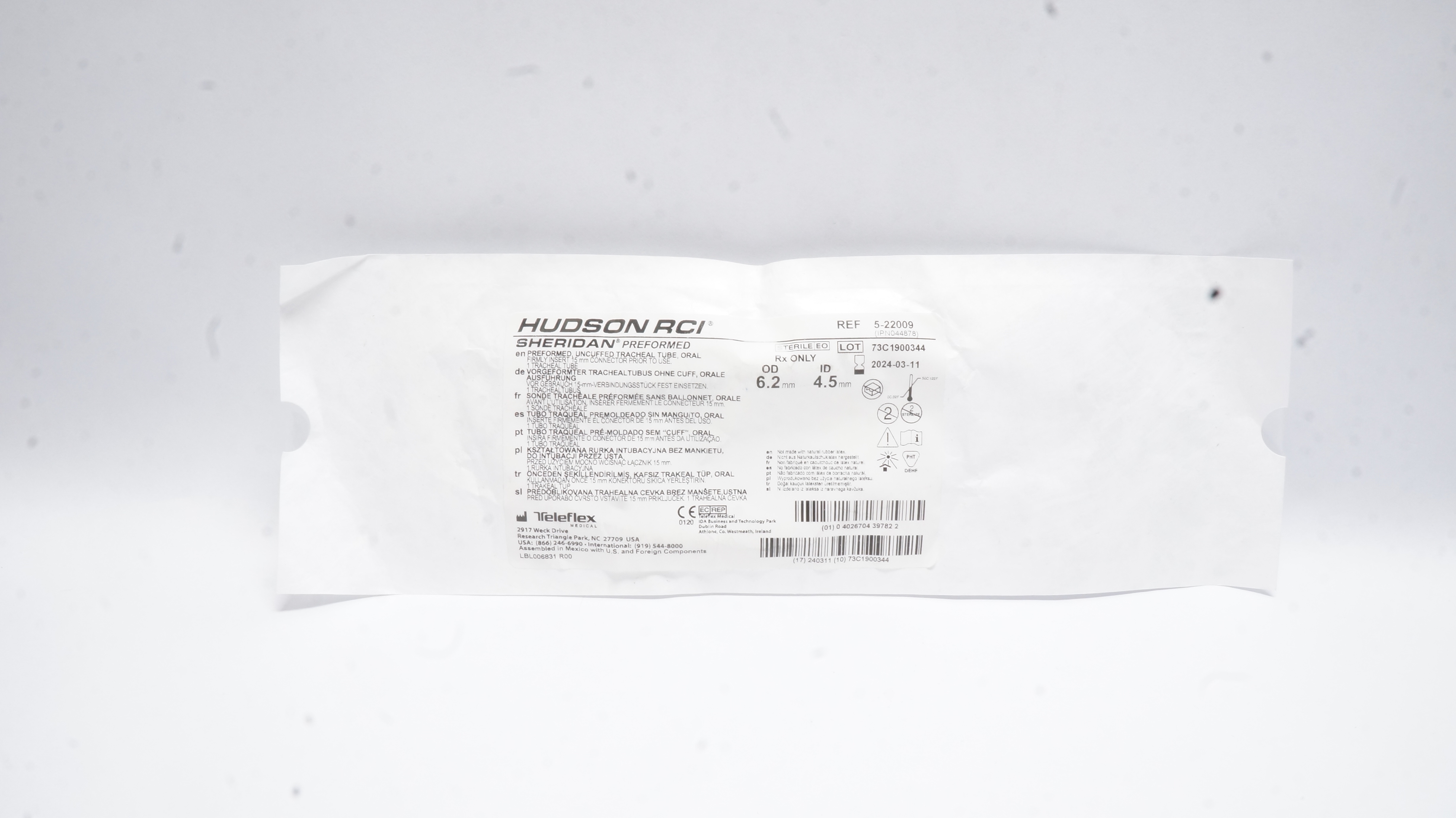 Teleflex 5-22009 Hudson RCI Preformed Tracheal Tube Uncuffed 6.2OD x 4.5mmID (x)