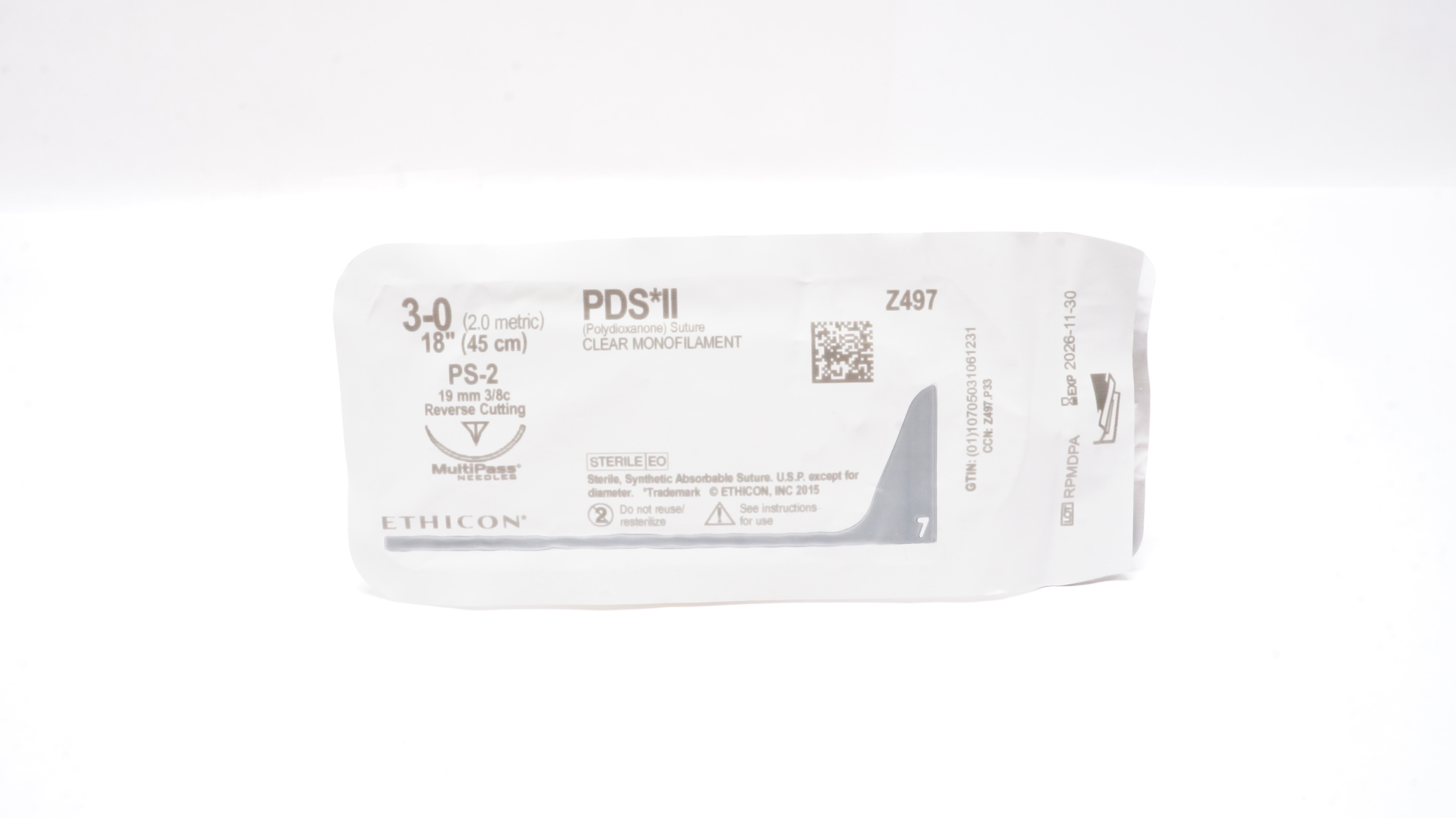 Ethicon Z497 3-0 PDS II, PS-2, 19mm 3/8c Reverse Cutting, 18inch