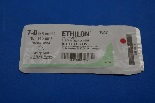 Ethicon 1647 7-0 ETHILON, P-6 Reverse Cutting, 3/8 8.0mm, Nylon Stre (x)