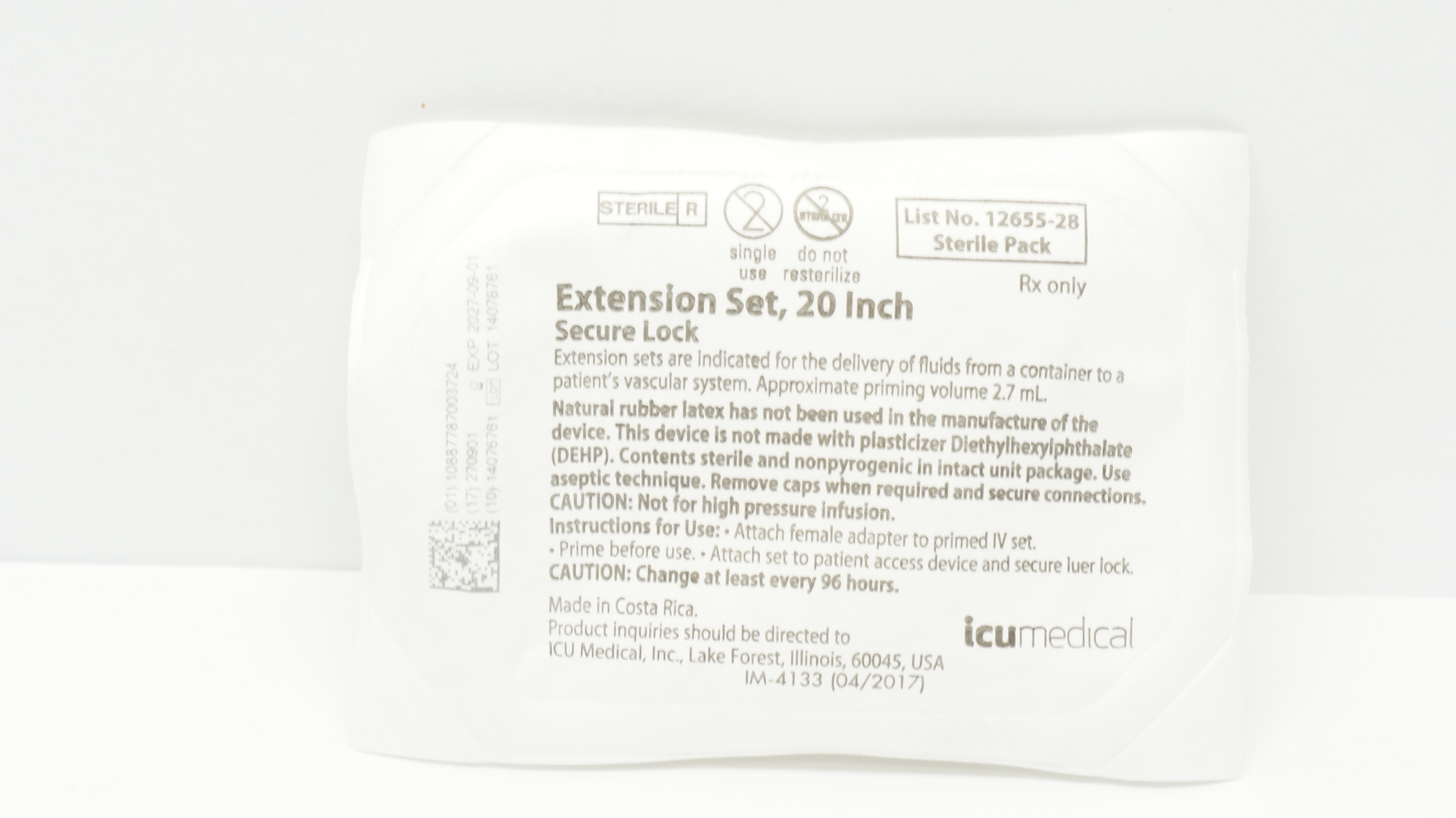 ICU Medical 12655-28 Extension Set Secure Lock 20inch Priming Volume 2.7mL