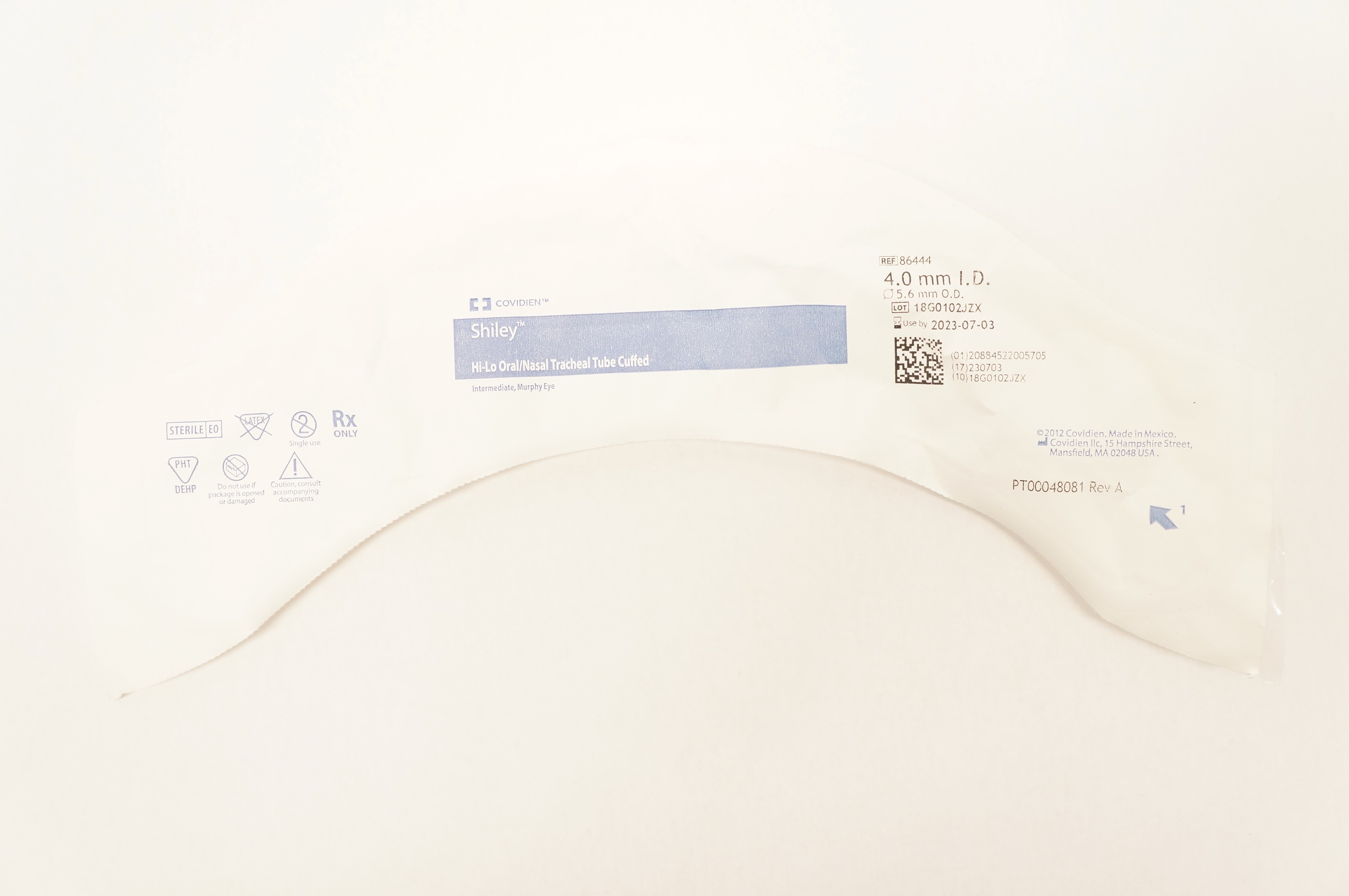 Covidien 86444 Shiley Hi-Lo Oral/Nasal Tracheal Tube Cuffed 4.0mm ID