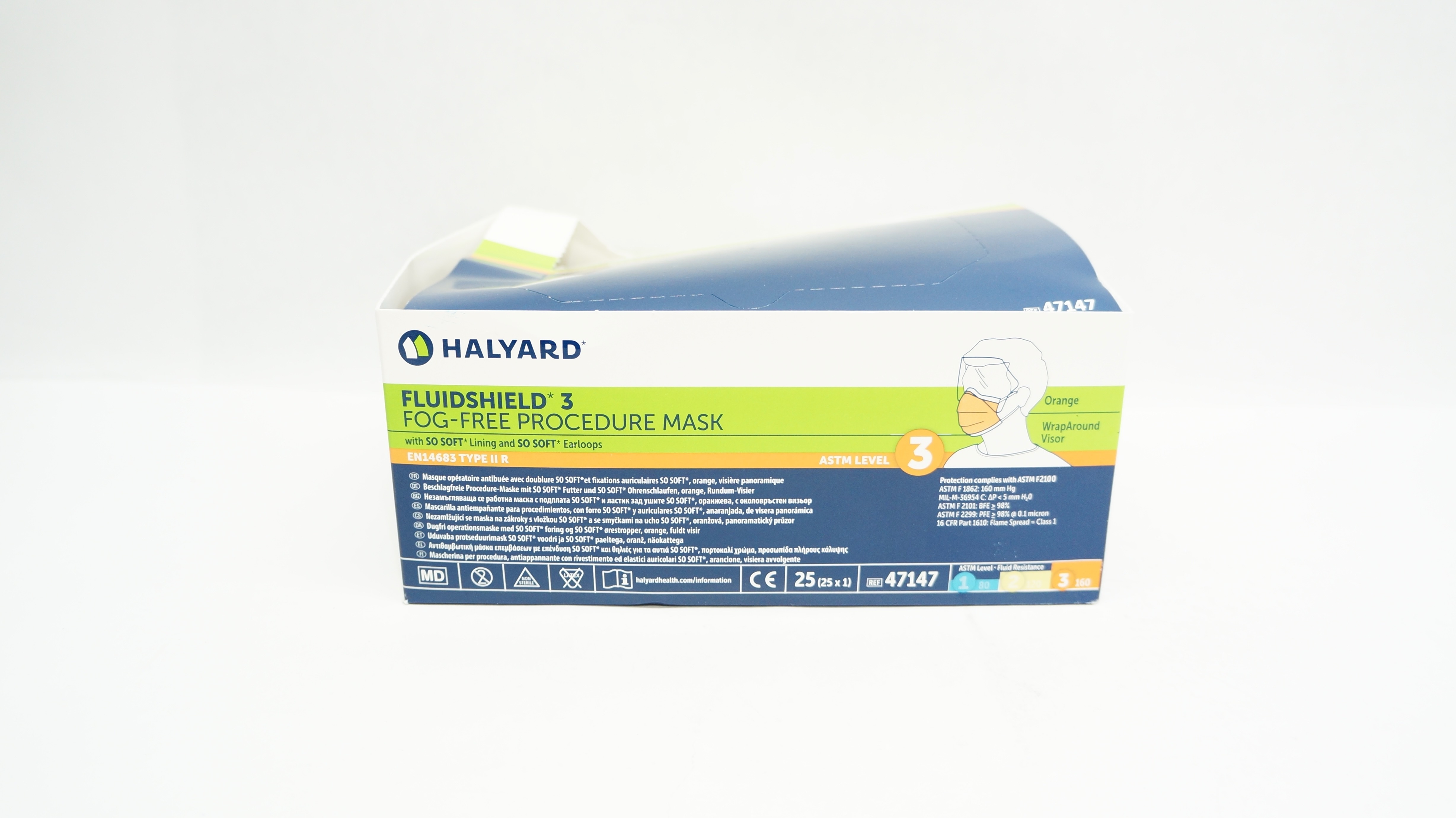 Halyard 47147 FLUIDSHIELD Level 3 Fog-Free Procedure Mask - Box of 25
