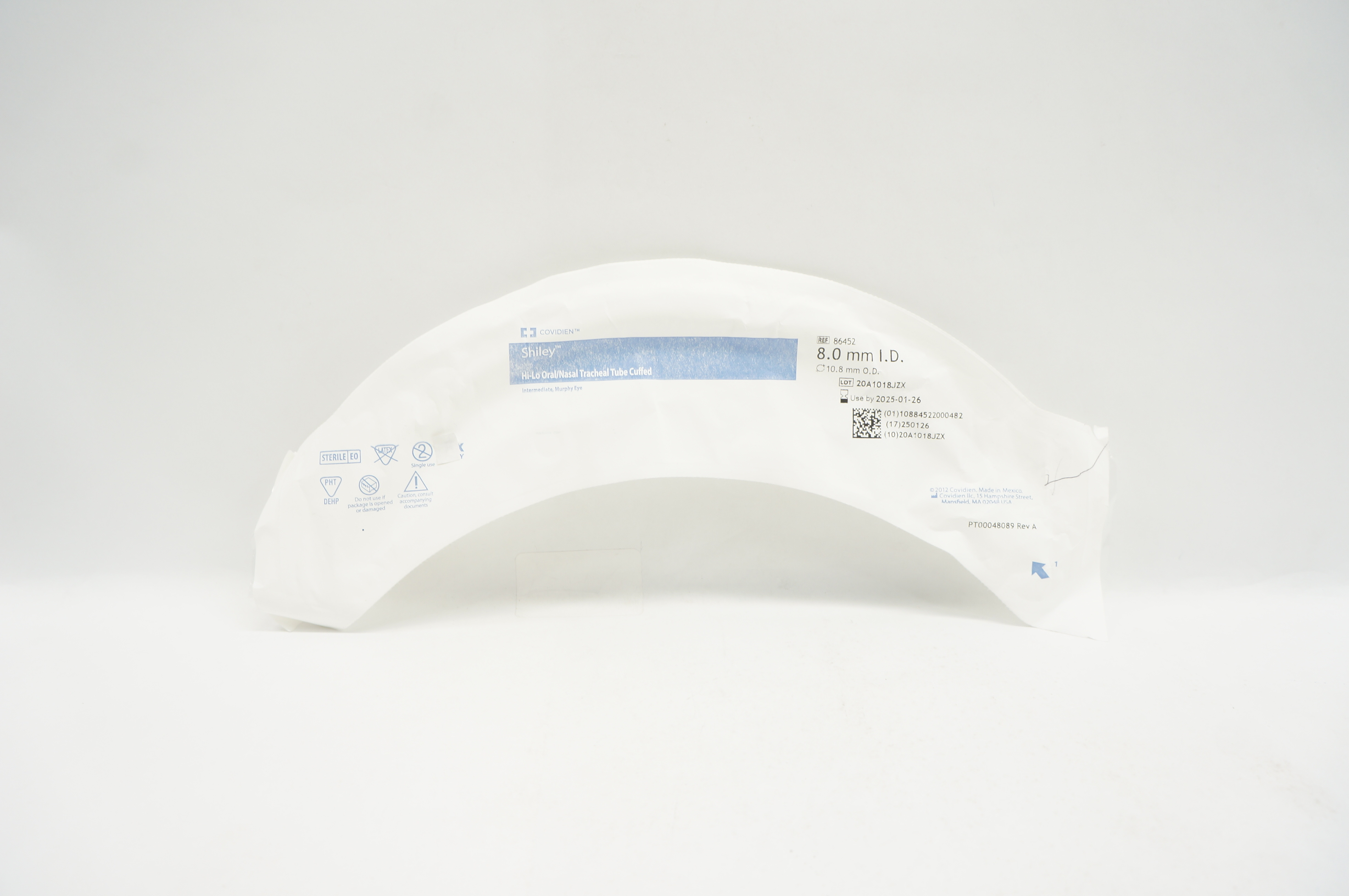 Covidien 86452 Shiley Hi-Lo Oral/Nasal Tracheal Tube Cuffed 8.0 x 10.8mm