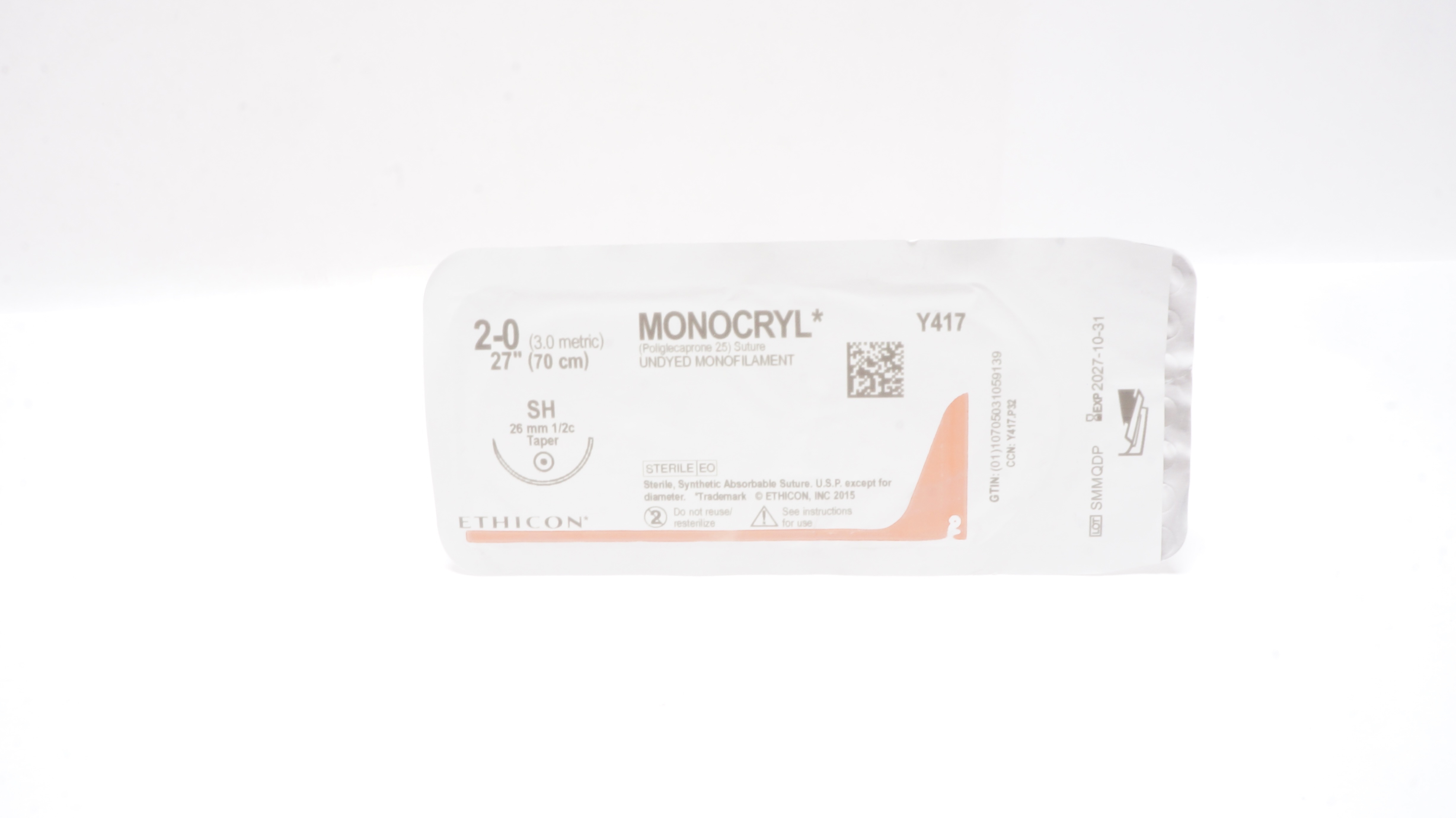 Ethicon Y417 2-0 Monocryl Undyed Monofilament, SH, 26mm 1/2c Taper, 27inch