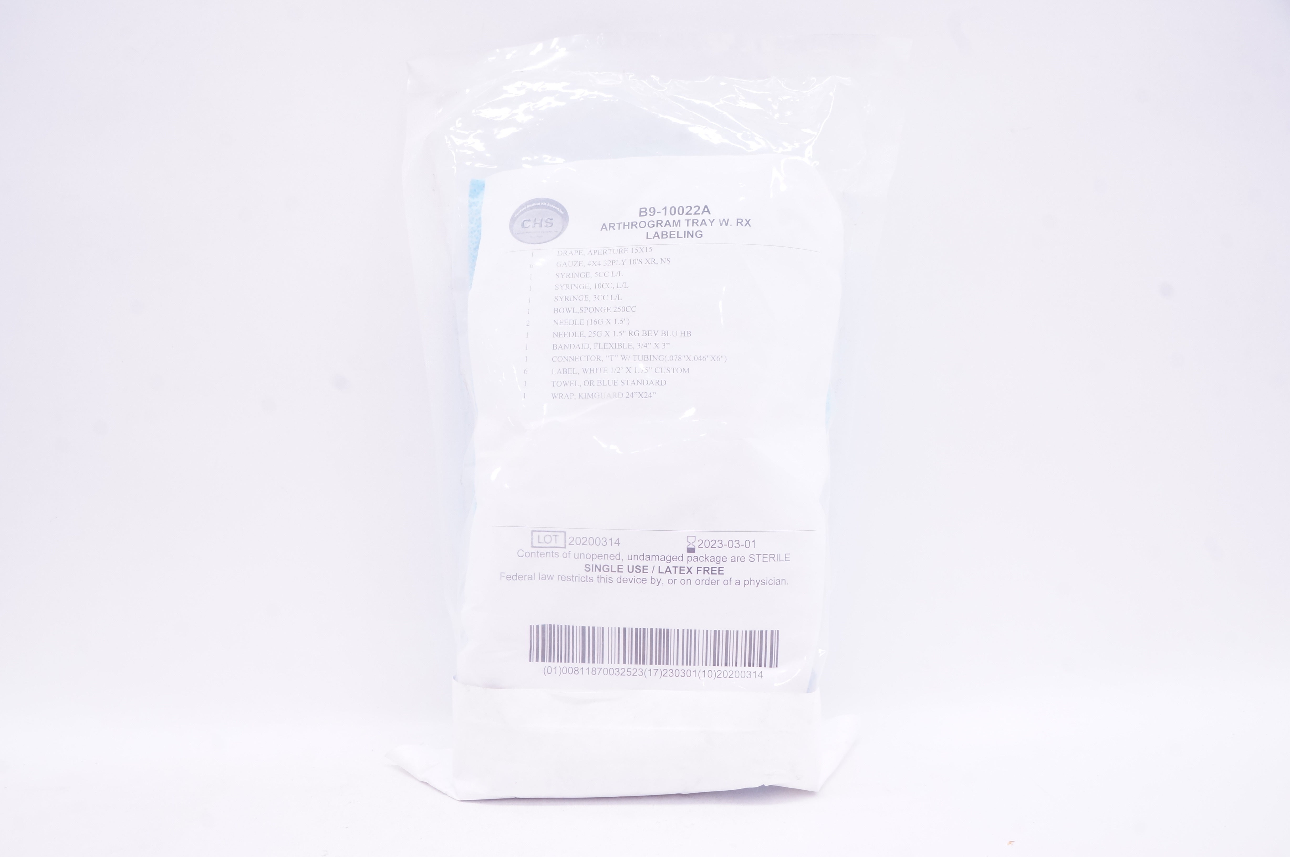 CHS B9-10022A Arthrogram Tray W. RX Labeling