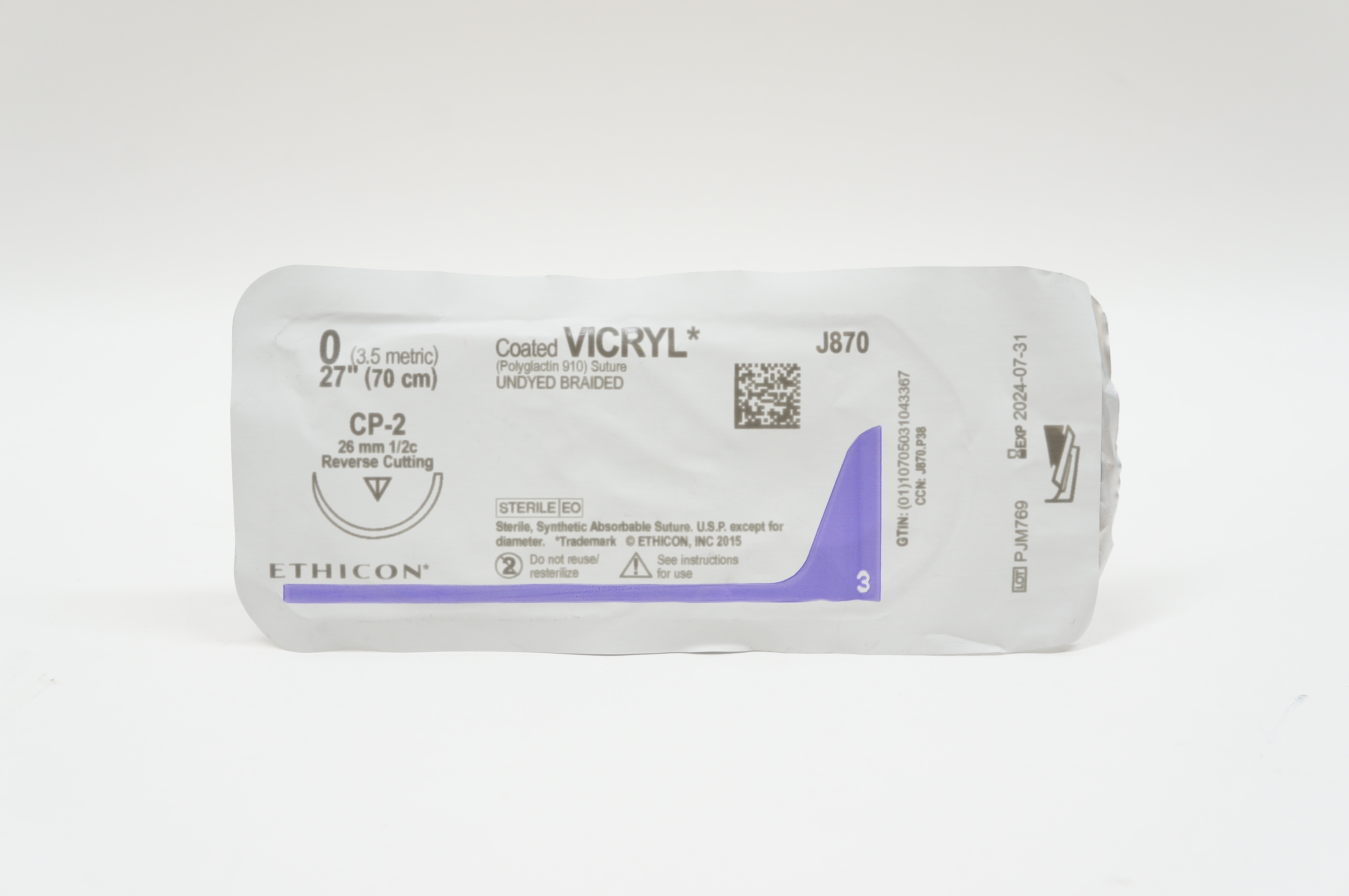 Ethicon J870 0 VICRYL, CP-2, 26mm 1/2c Reverse Cutting, 27inch