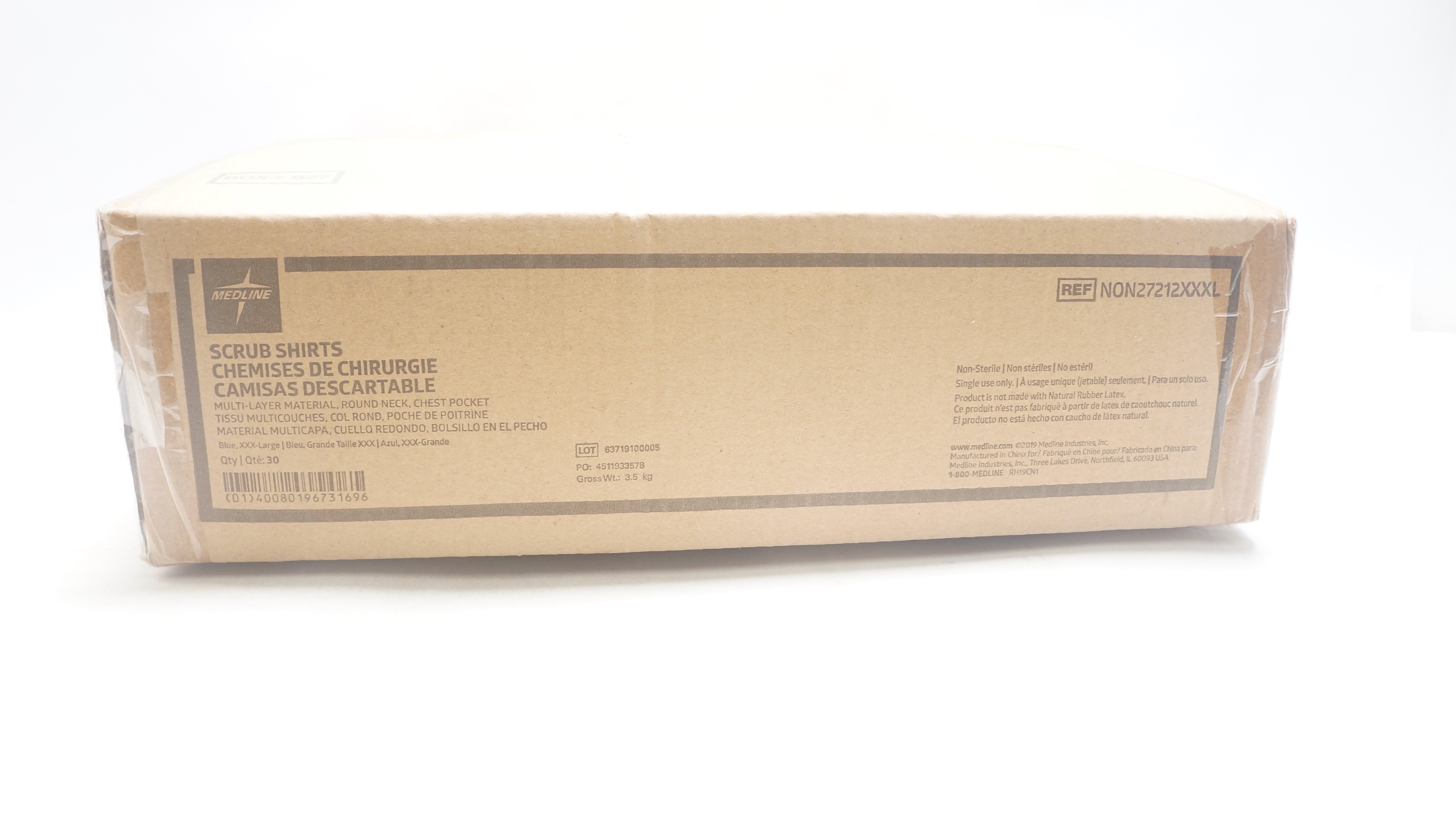 Medline NON27212XXXL Scrub Shirts, Blue, XXXL - Box of 30