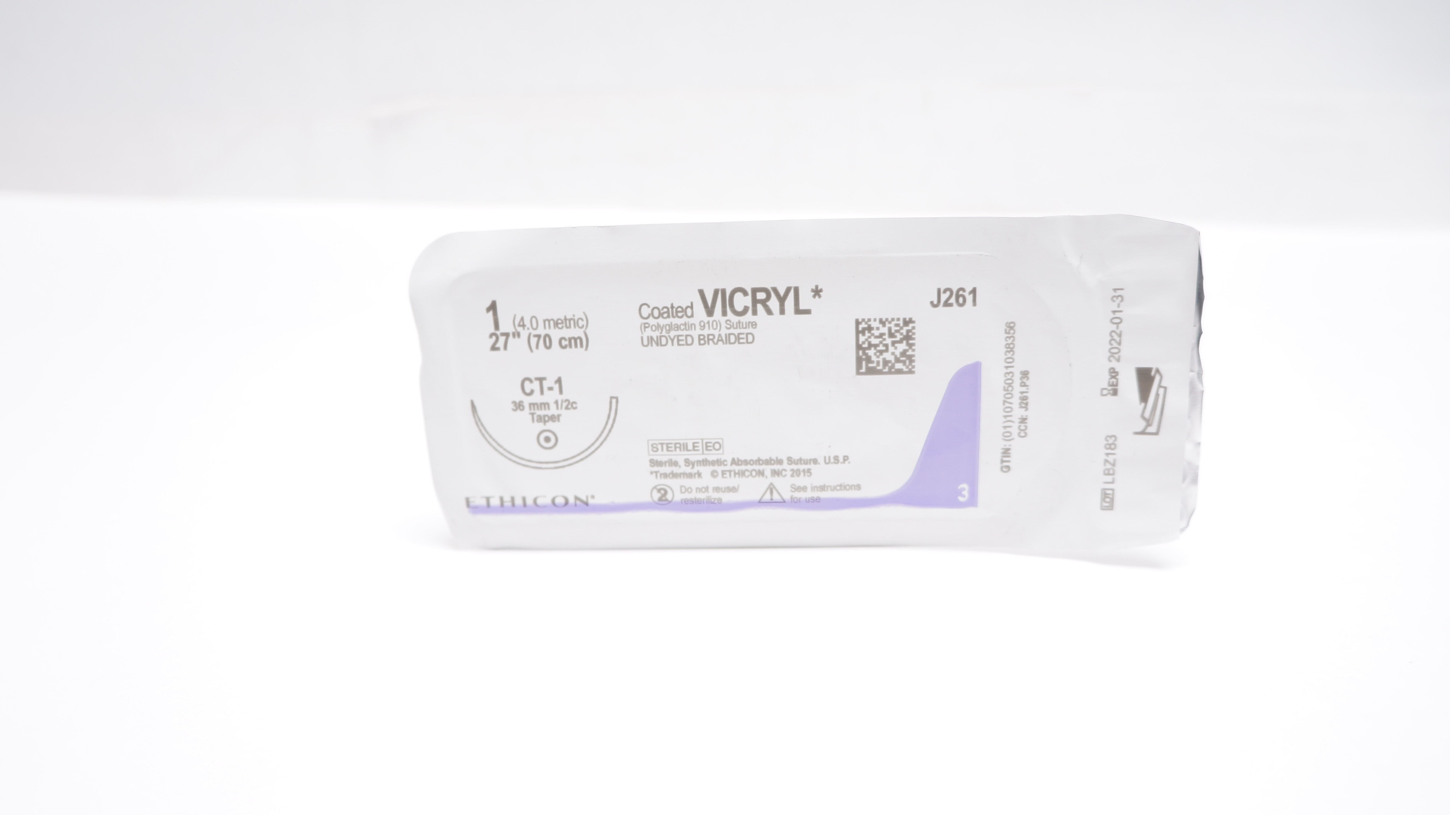 Ethicon J261 1 Coated VICRYL Polyglactin 910 Stre CT-1 36mm 1/2c Taper 27inch(x)
