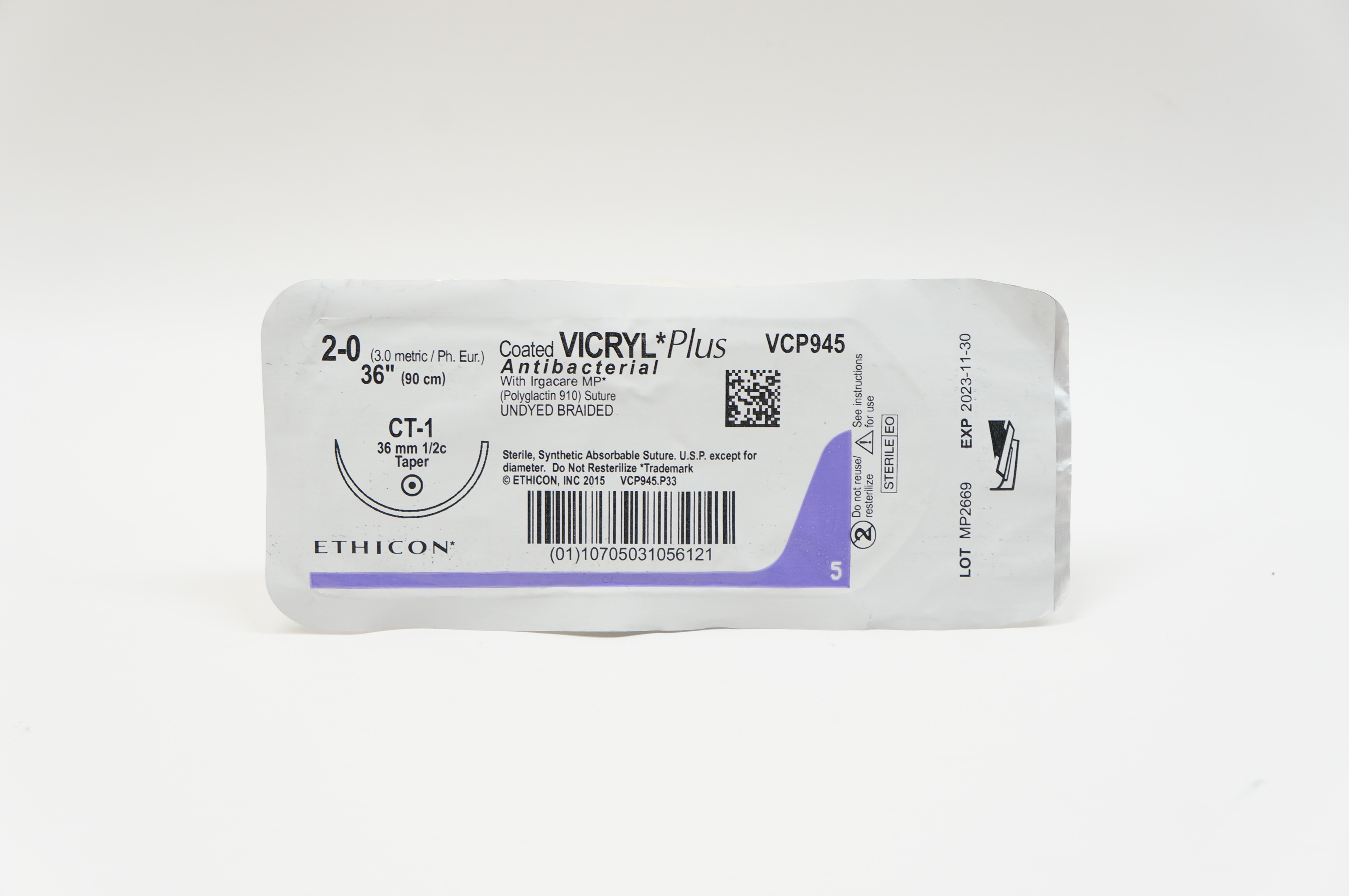 Ethicon VCP945 2-0 VICRYL Plus, CT-1, 36mm 1/2c Taper, 36inch