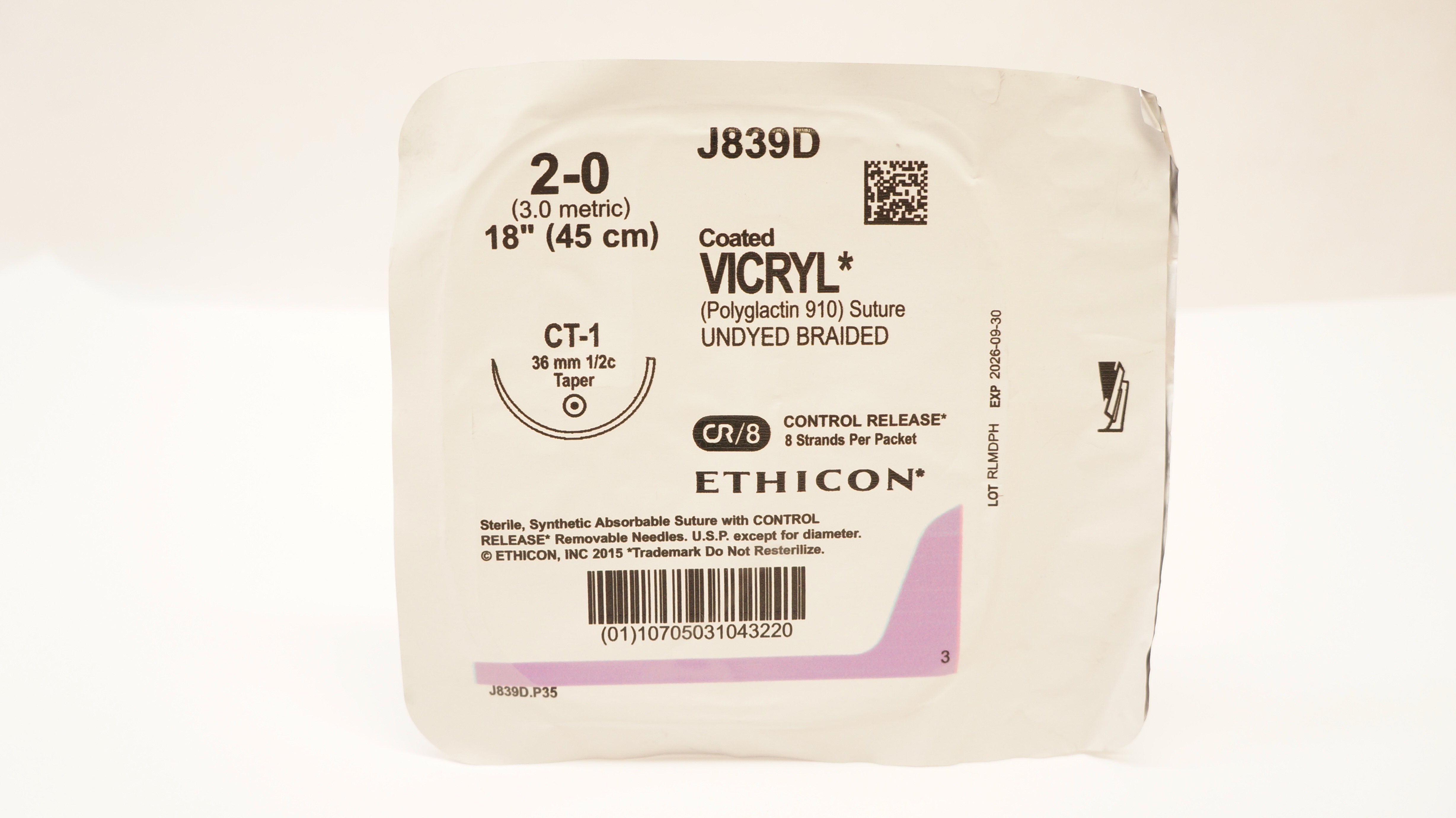 Ethicon J839D 2-0 Coated VICRYL Polyglactin Stre CT-1 36mm 1/2c Taper 18 inch