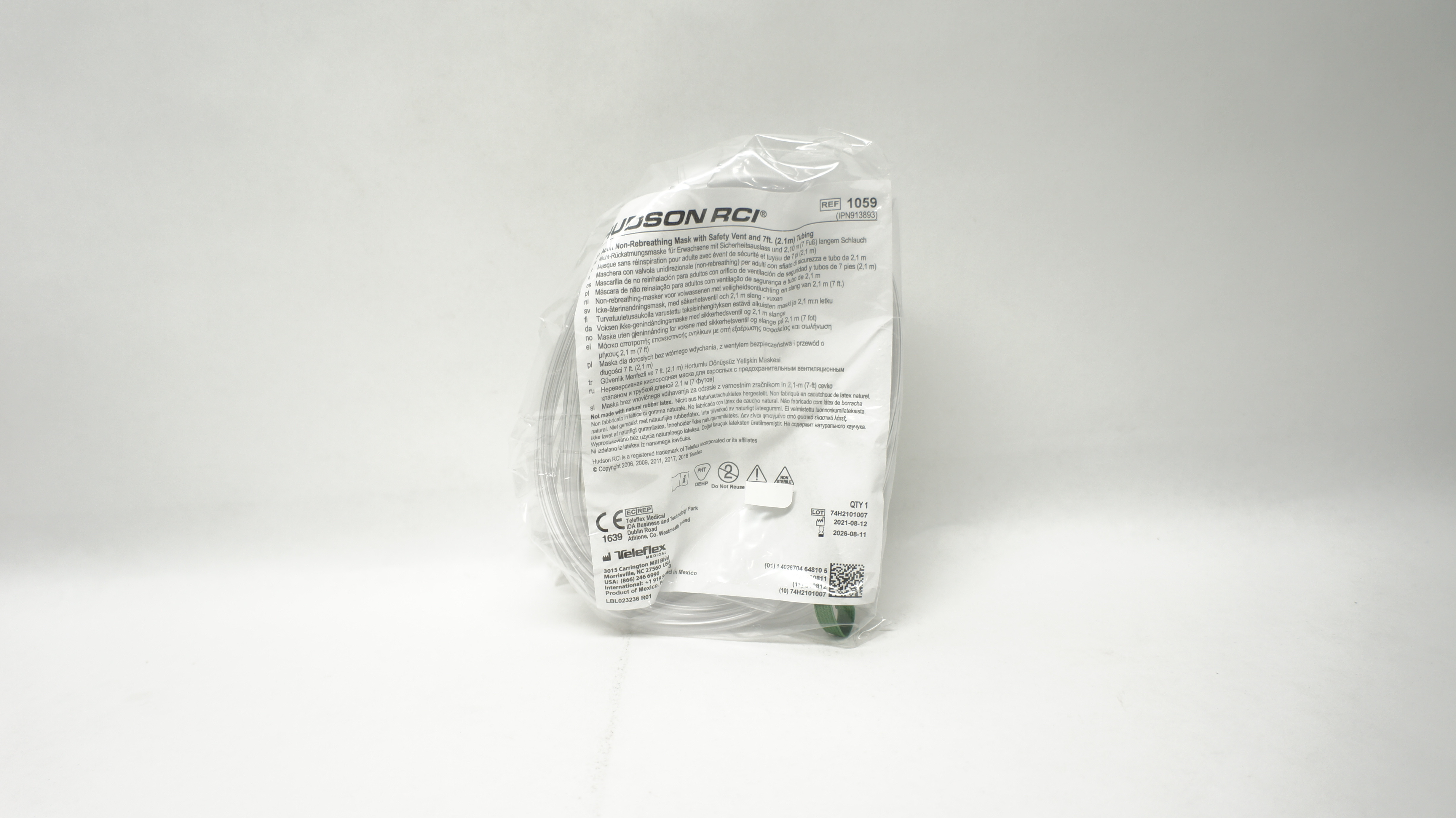 Teleflex 1059 Hudson RCI Adult Non-Rebreathing Mask w/Safety Vent & 7 ft. Tubing