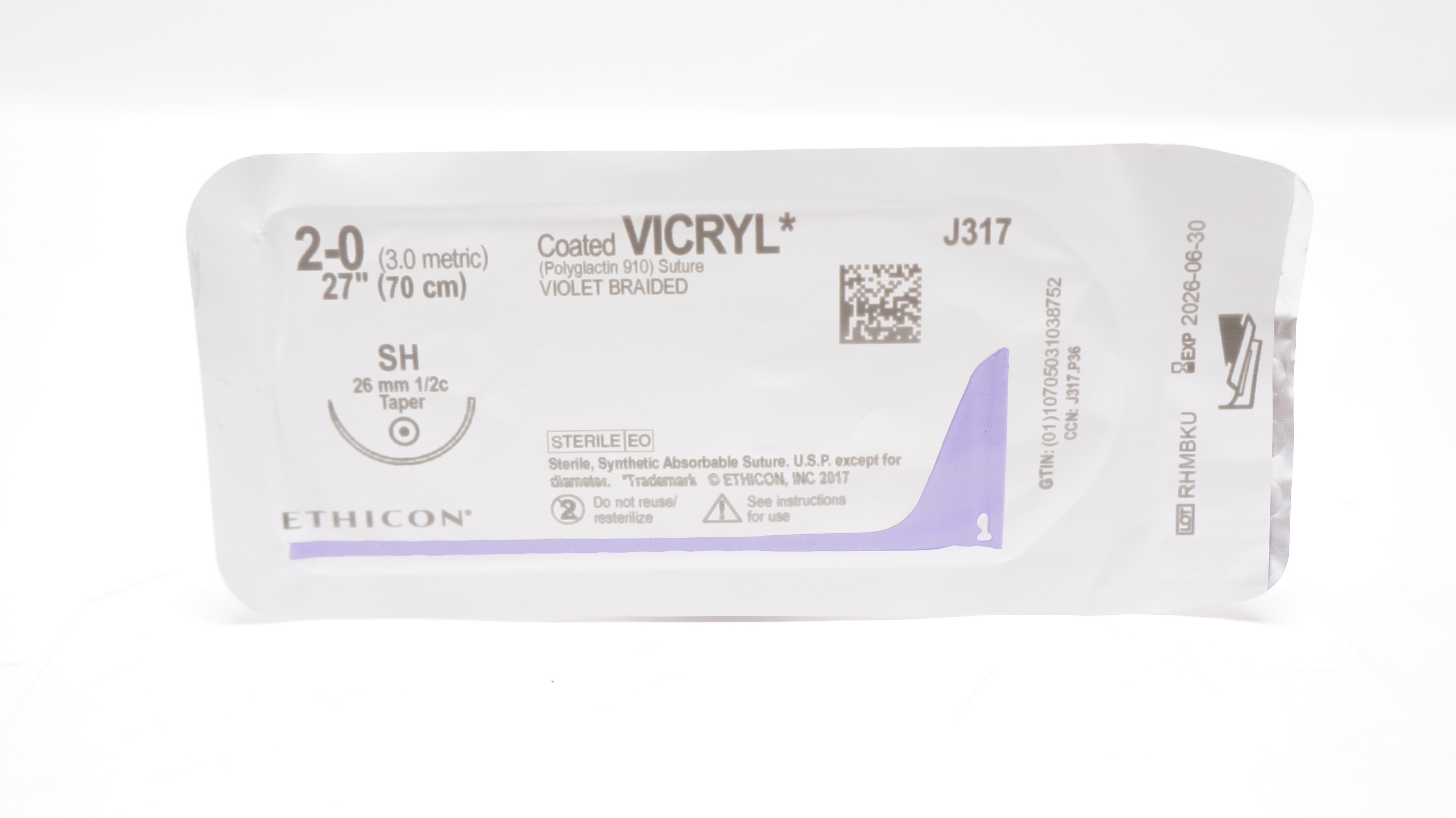 Ethicon J317 2-0 Coated VICRYL, SH, 26mm 1/2c Taper, 27inch (x)