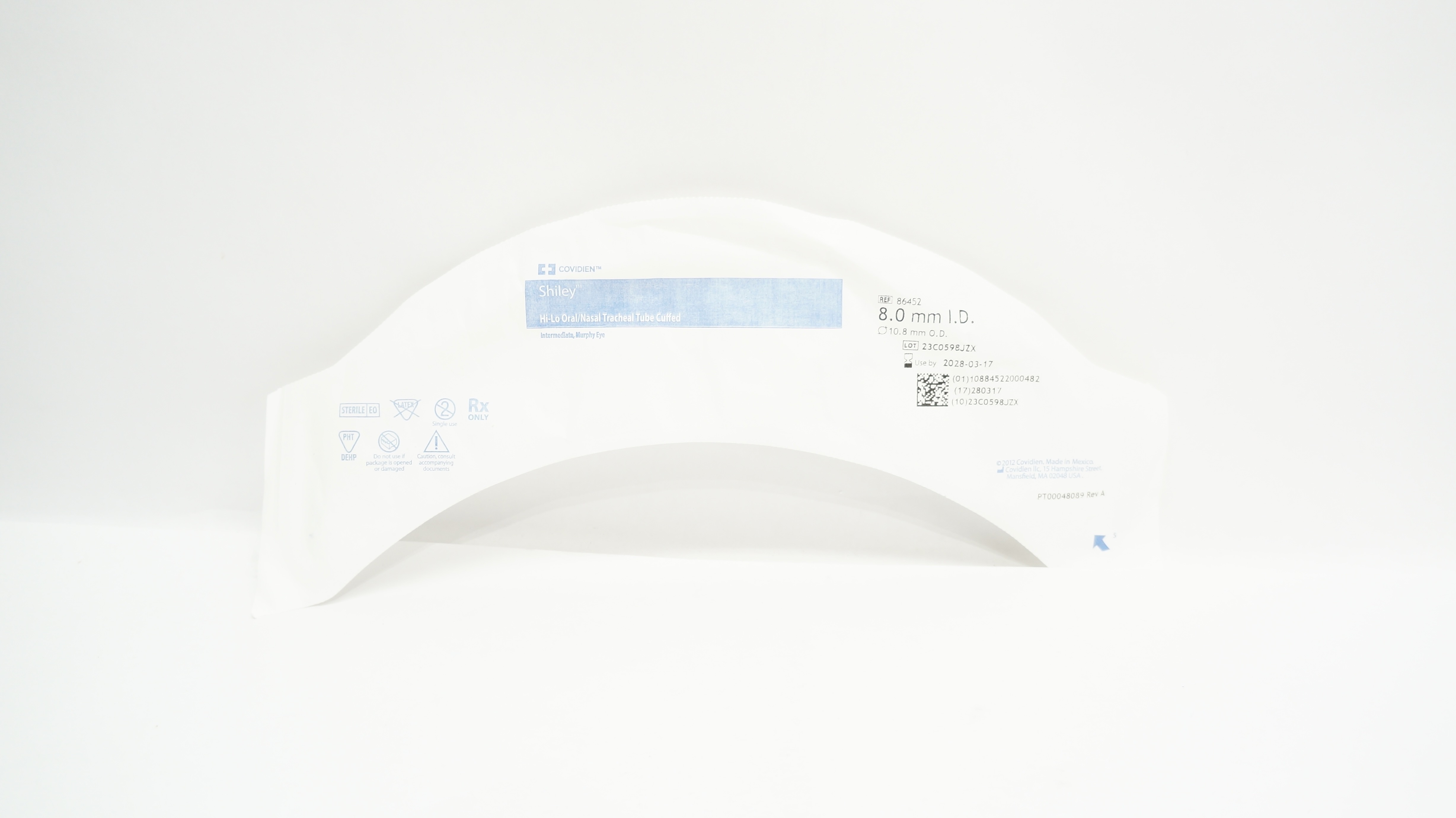 Covidien 86452 Shiley Hi-Lo Oral/Nasal Tracheal Tube Cuffed 8.0mm ID x 10.8mm OD