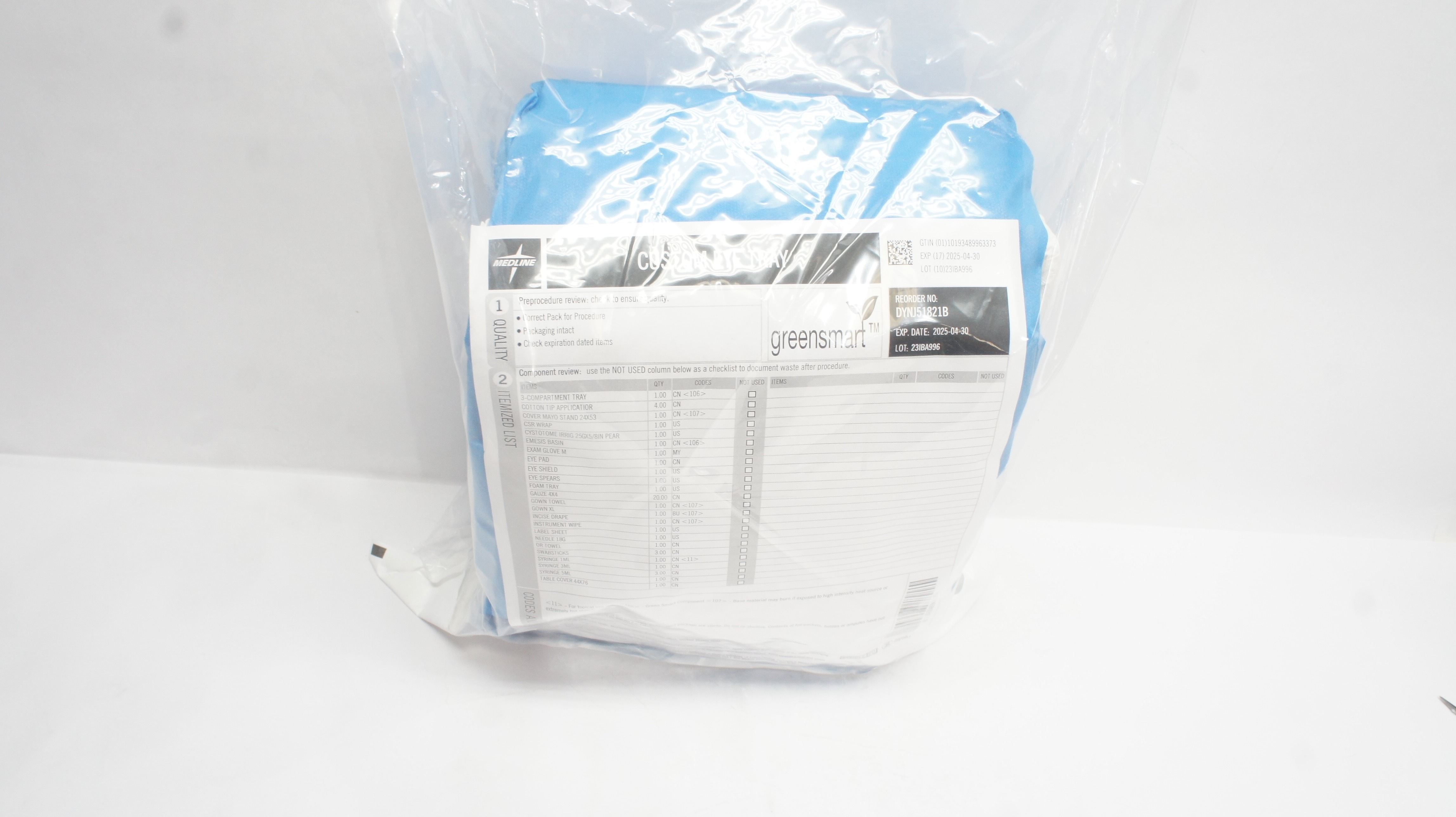 Medline DYNJ51821B Greensmart TM Custom Eye Tray
