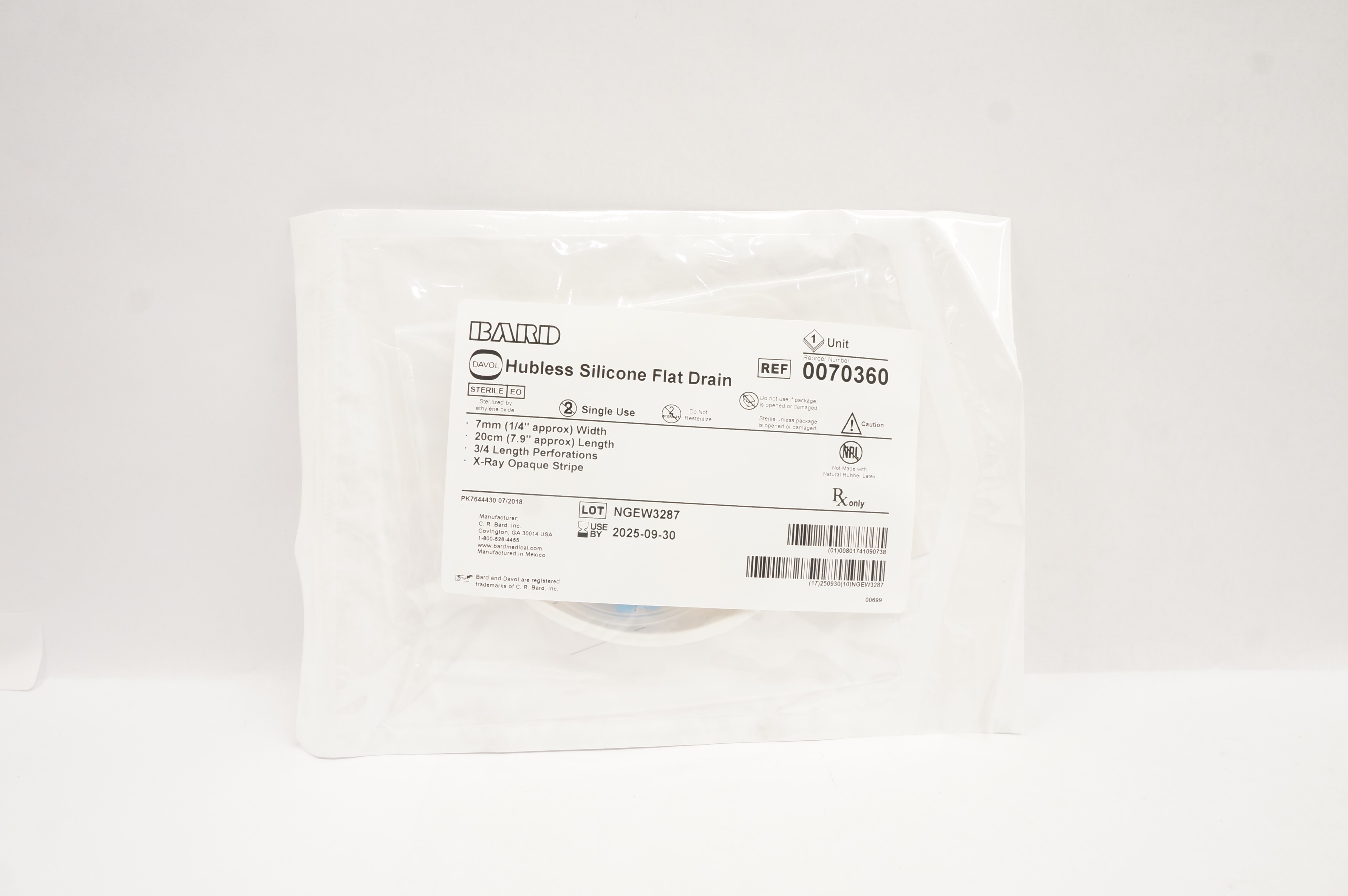Bard 0070360 Hubless Silicone Flat Drain 7mm x 20cm