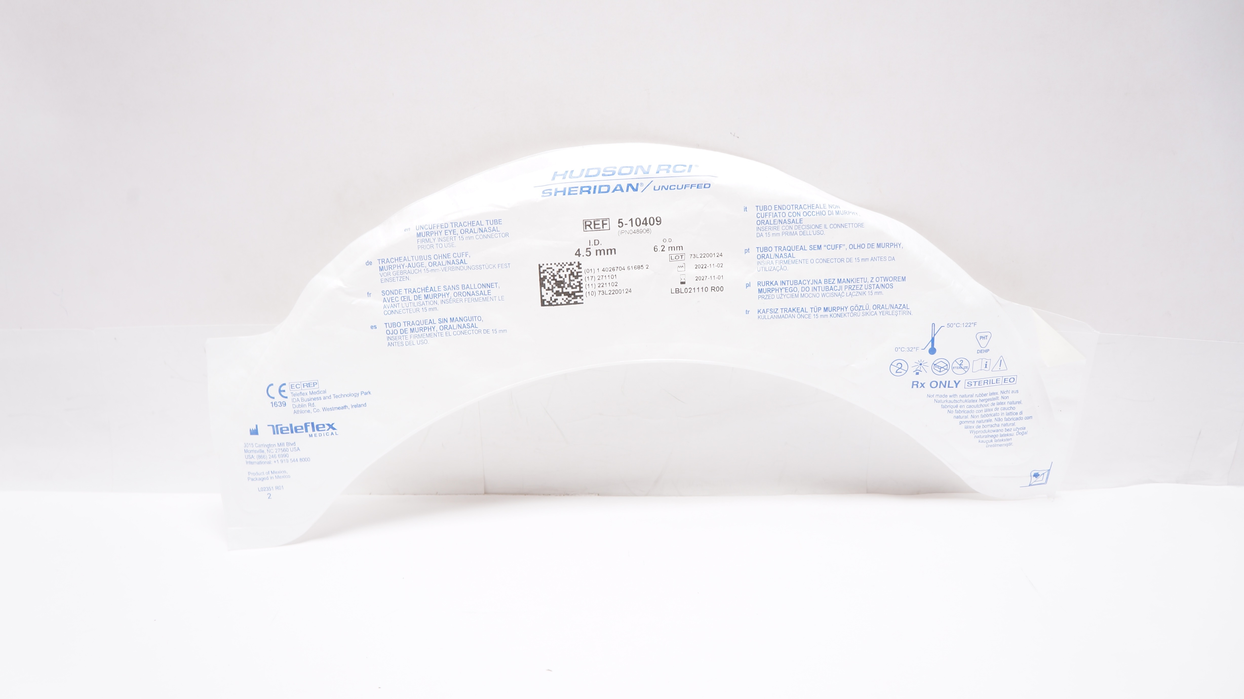 Teleflex 5-10409 Hudson RCI Sheridan Uncuffed Tracheal Tube 4.5mm ID x 6.2mm OD