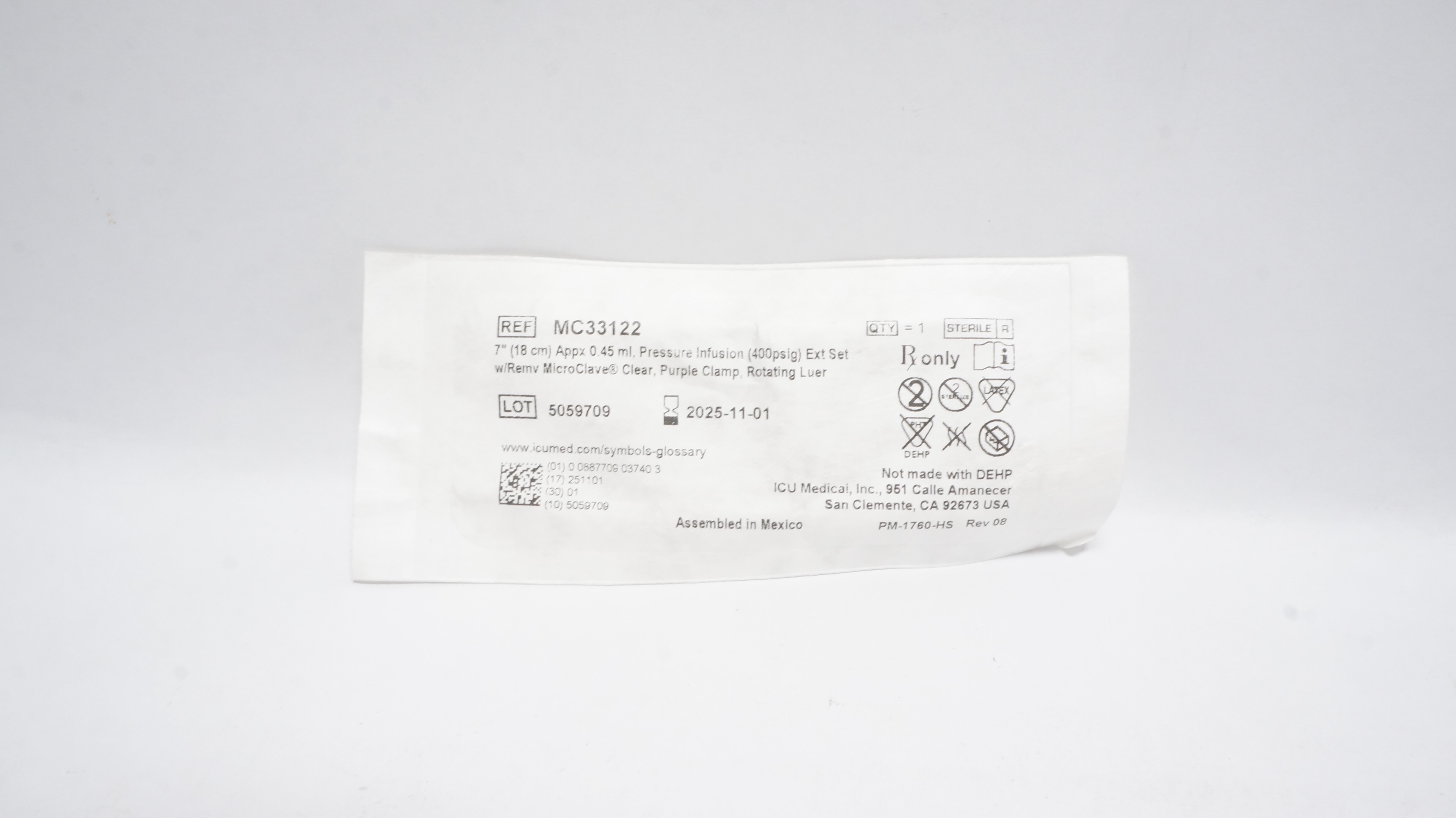 ICU Medical MC33122 Pressure Infusion Extension Set 7inch x 0.45ml  Appx. (x)