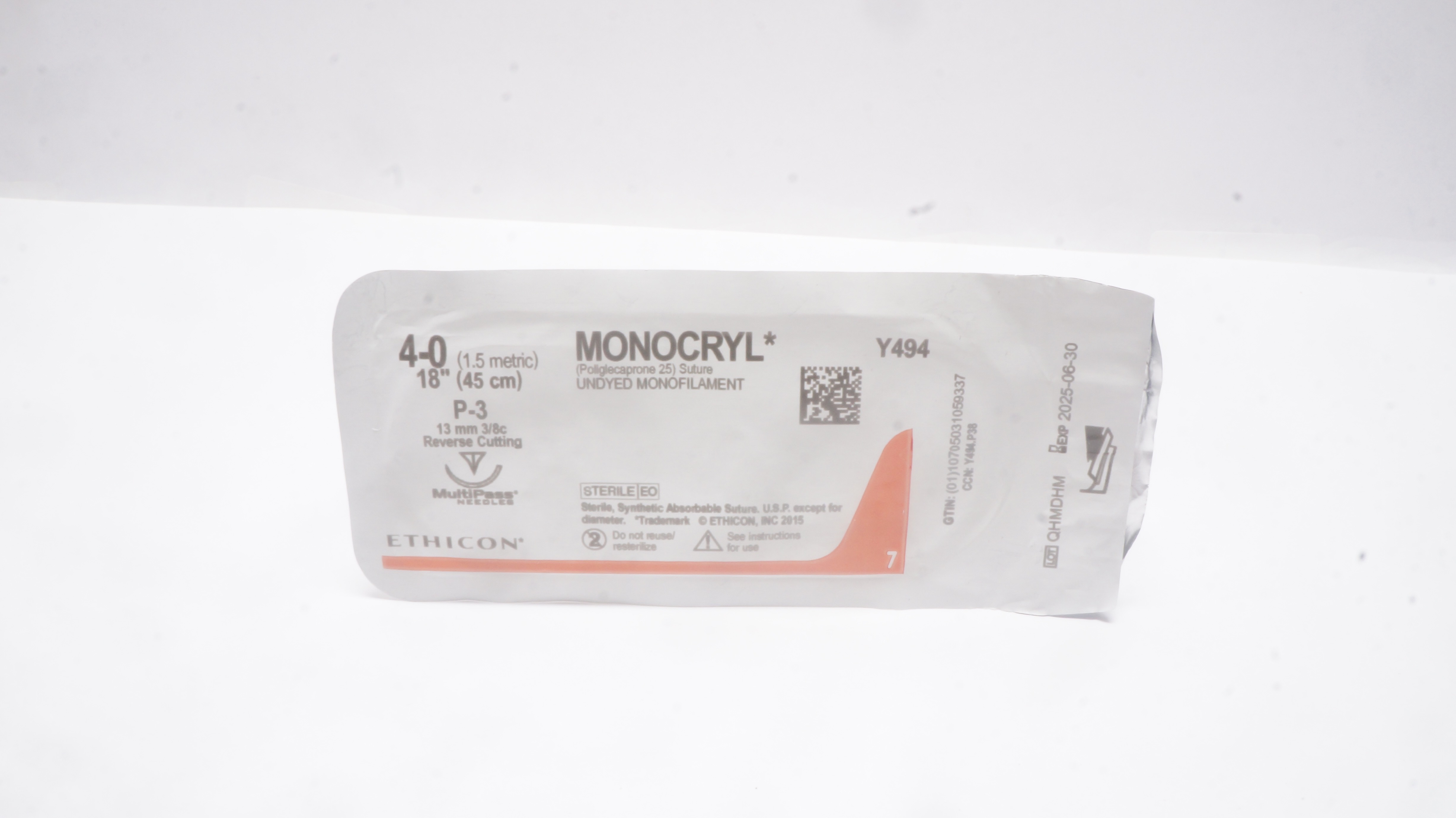 Ethicon Y494 4-0 MONOCRYL, P-3, 13mm 3/8c, 18inch
