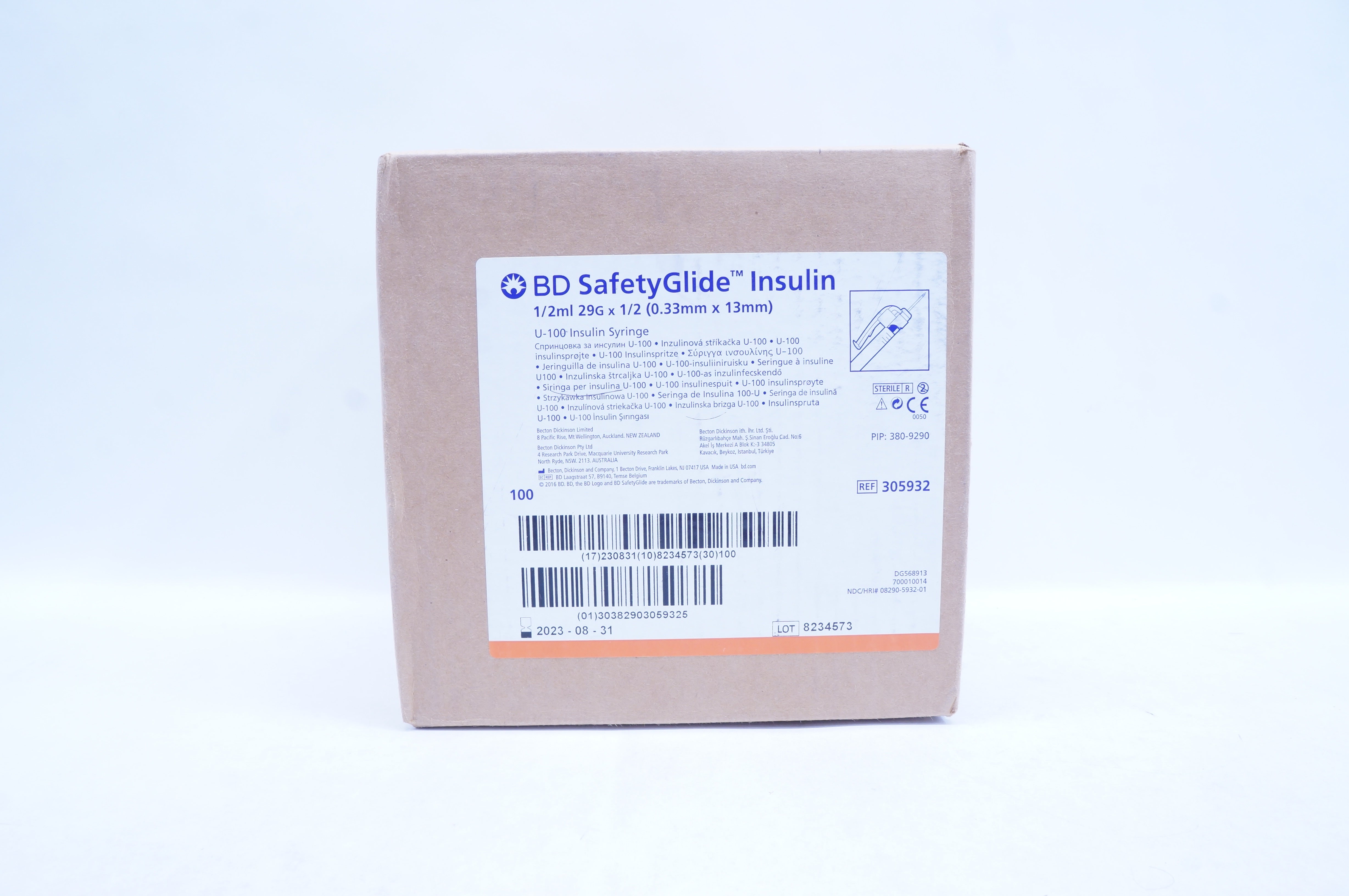BD 305932 SafetyGlide U-100 Insulin Syringe 1/2ml 29G x 1/2 - Case of 100