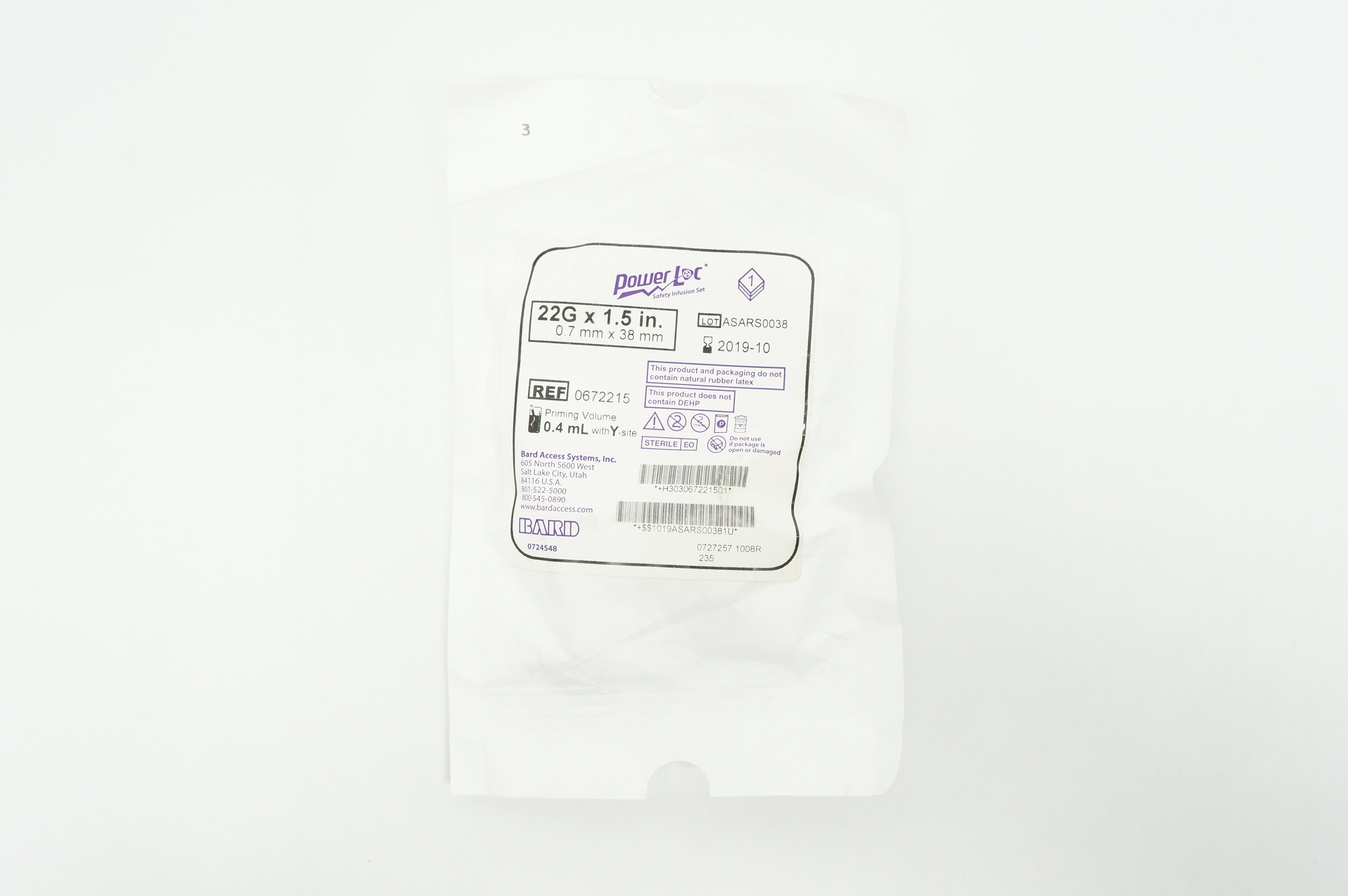 Bard 0672215 Power Loc Safety Infusion Set 22G x 1.5 inch Priming Vol. 0.4mL (x)