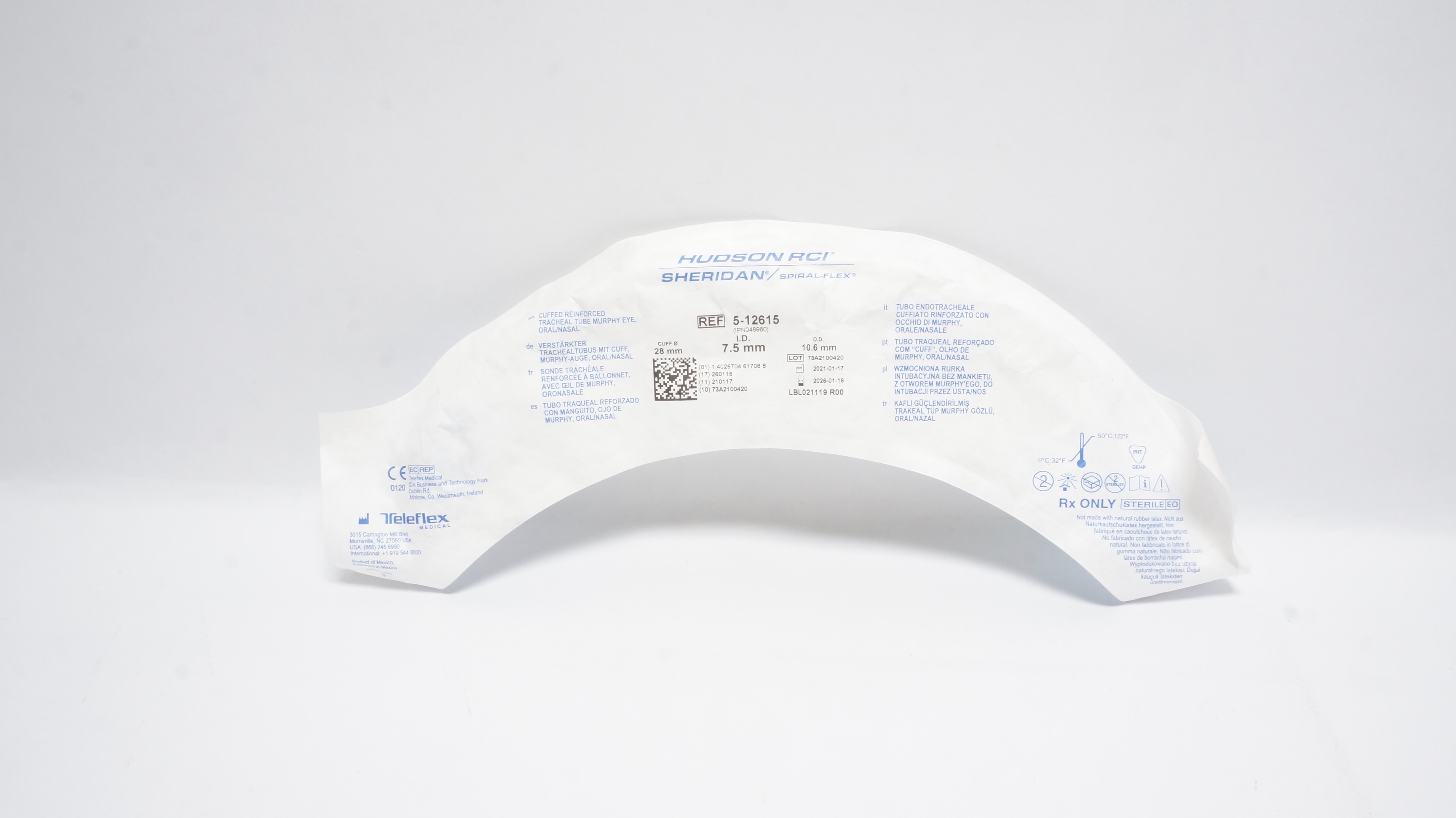 Teleflex 5-12615 Hudson RCI Sheridan Cuffed Tracheal Tube 7.5 ID x 10.6mm OD