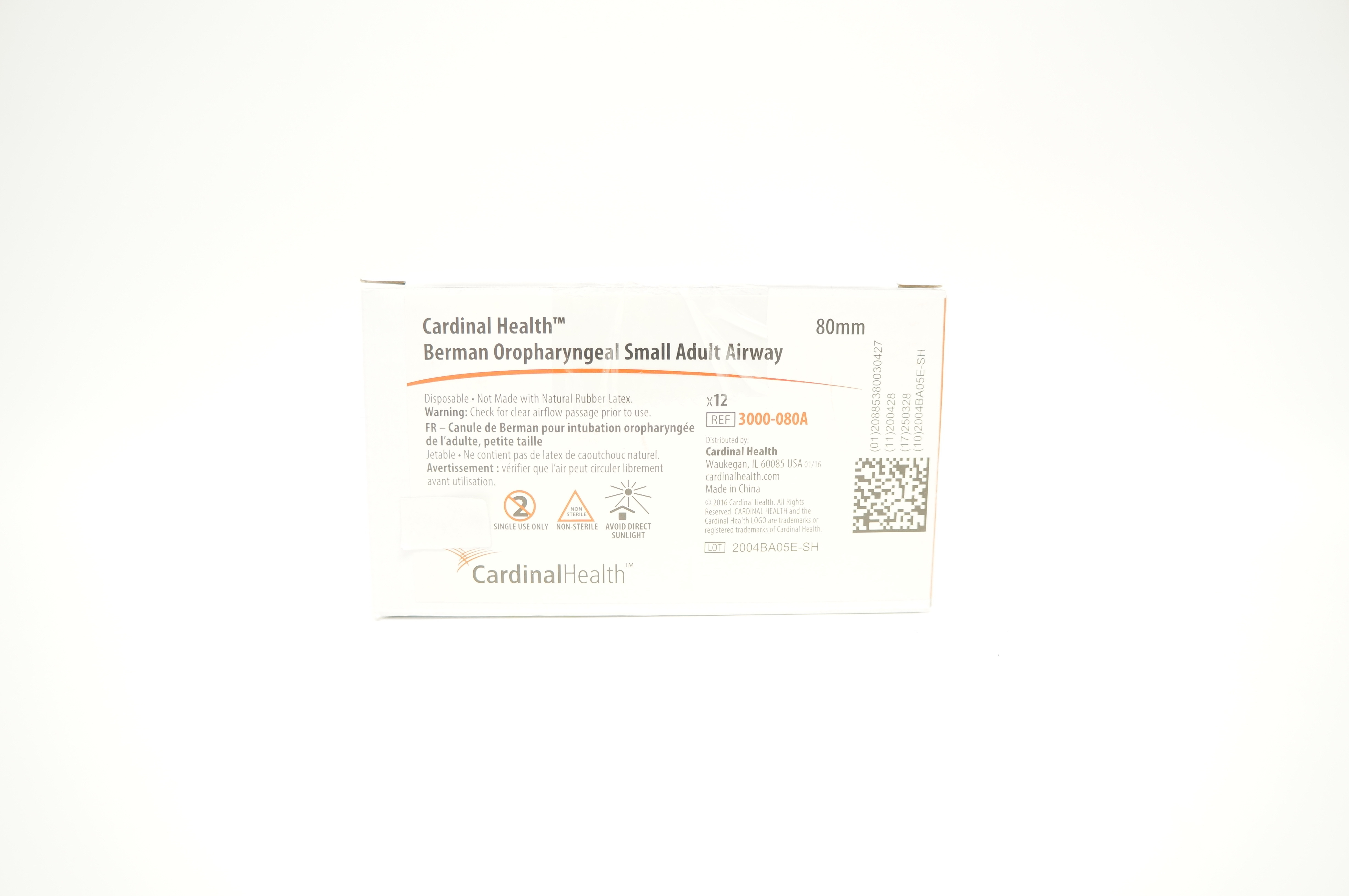 Cardinal Health 3000-080A Berman Oropharyngeal Small Adult Airway 80mm-Box of 12