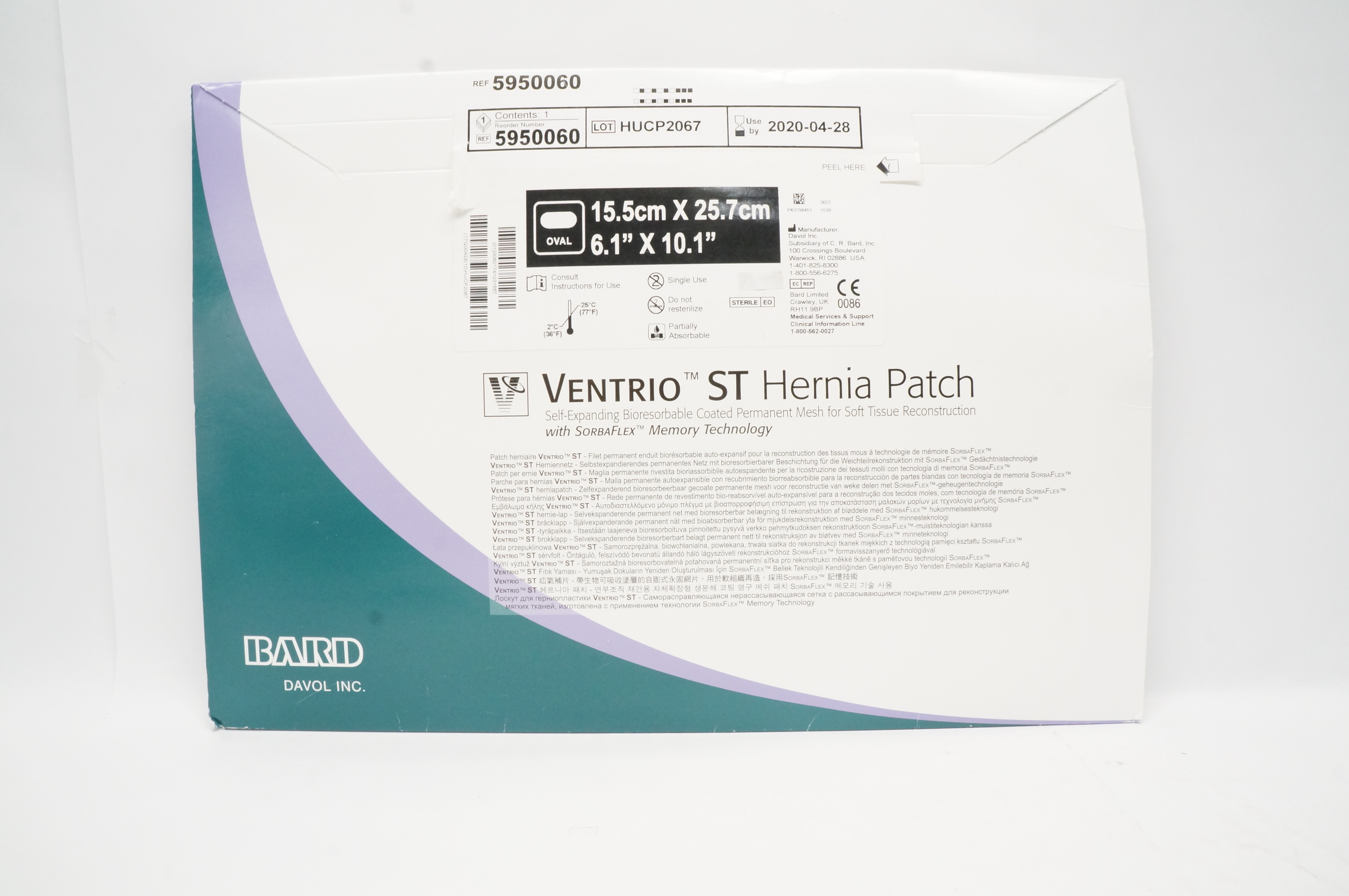 Bard 5950060 Davol Ventrio ST Hernia Patch 6.1 x 10.1inch (x)