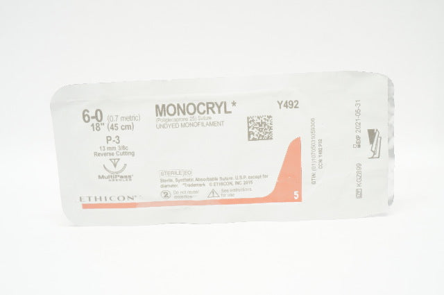 Ethicon Y492 6-0 MONOCRYL, P-3, 13mm 3/8c Reverse Cutting, 18inch (x)