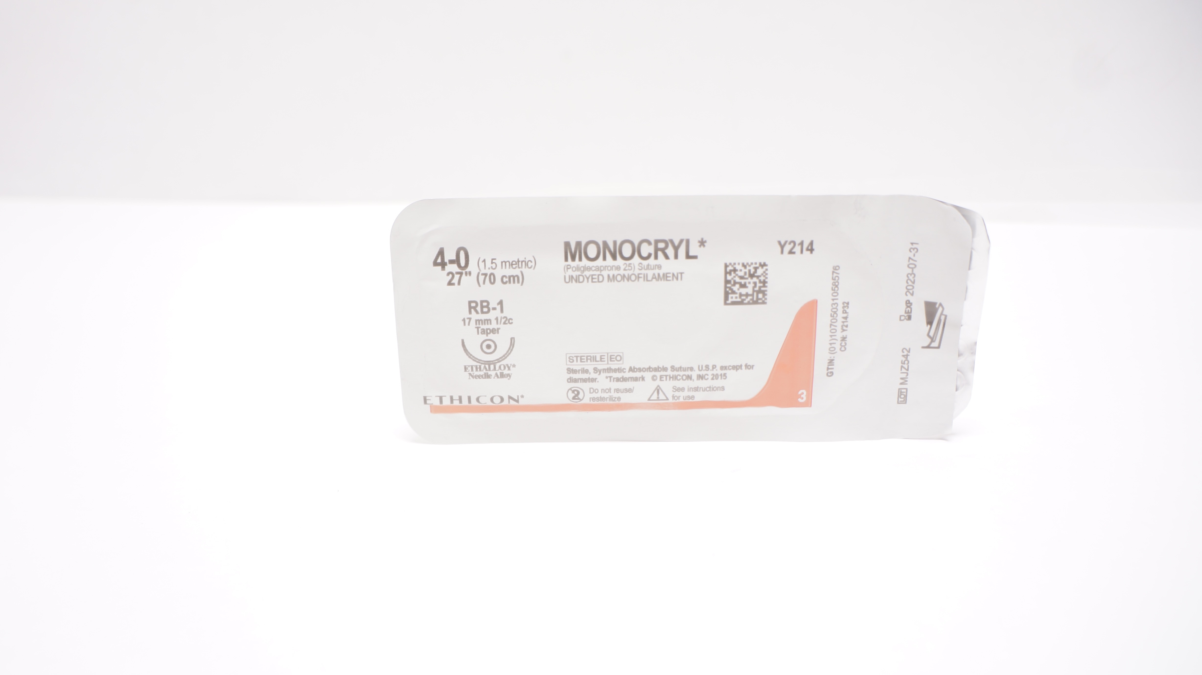 Ethicon Y214 4-0 MONOCRYLStre Undyed Monofilament PB-1 17mm 1/2c Taper 27inch(x)