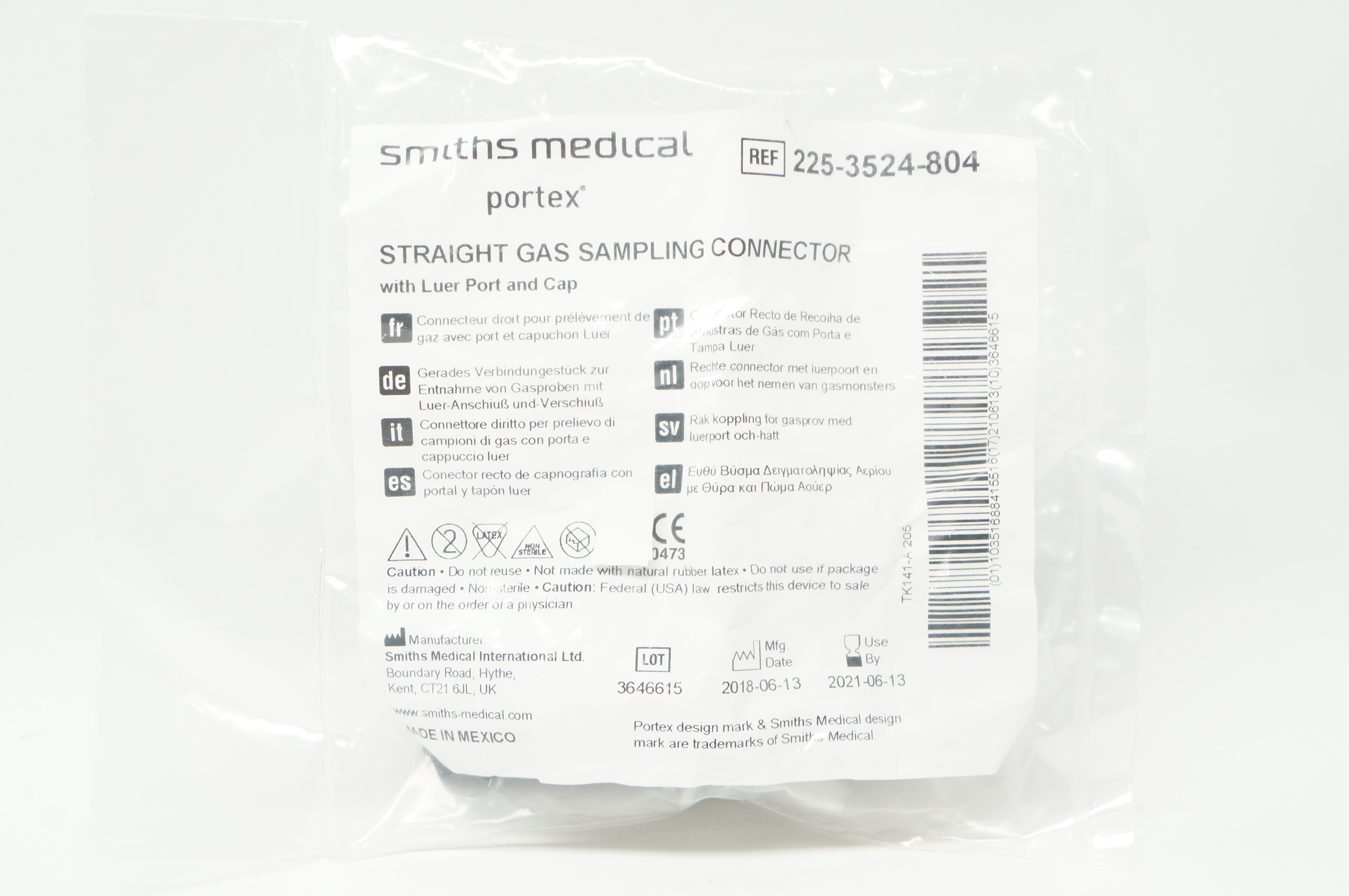 Smiths Medical 225-3524-804 Straight Gas Sampling Connector w/Luer Port & Cap(x)
