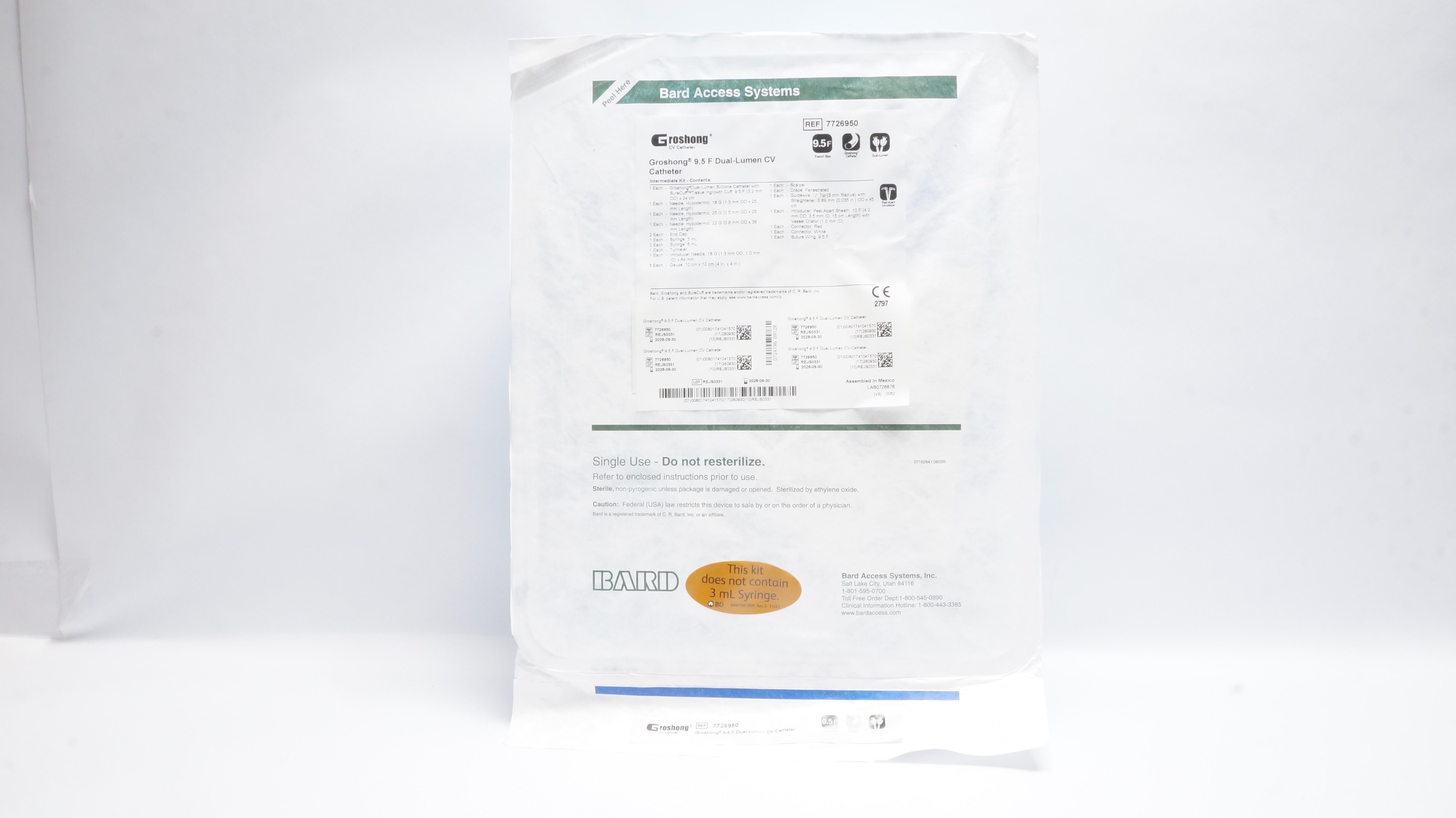 Bard 7726950 Groshong Dual-Lumen CV Cath. 9.5F