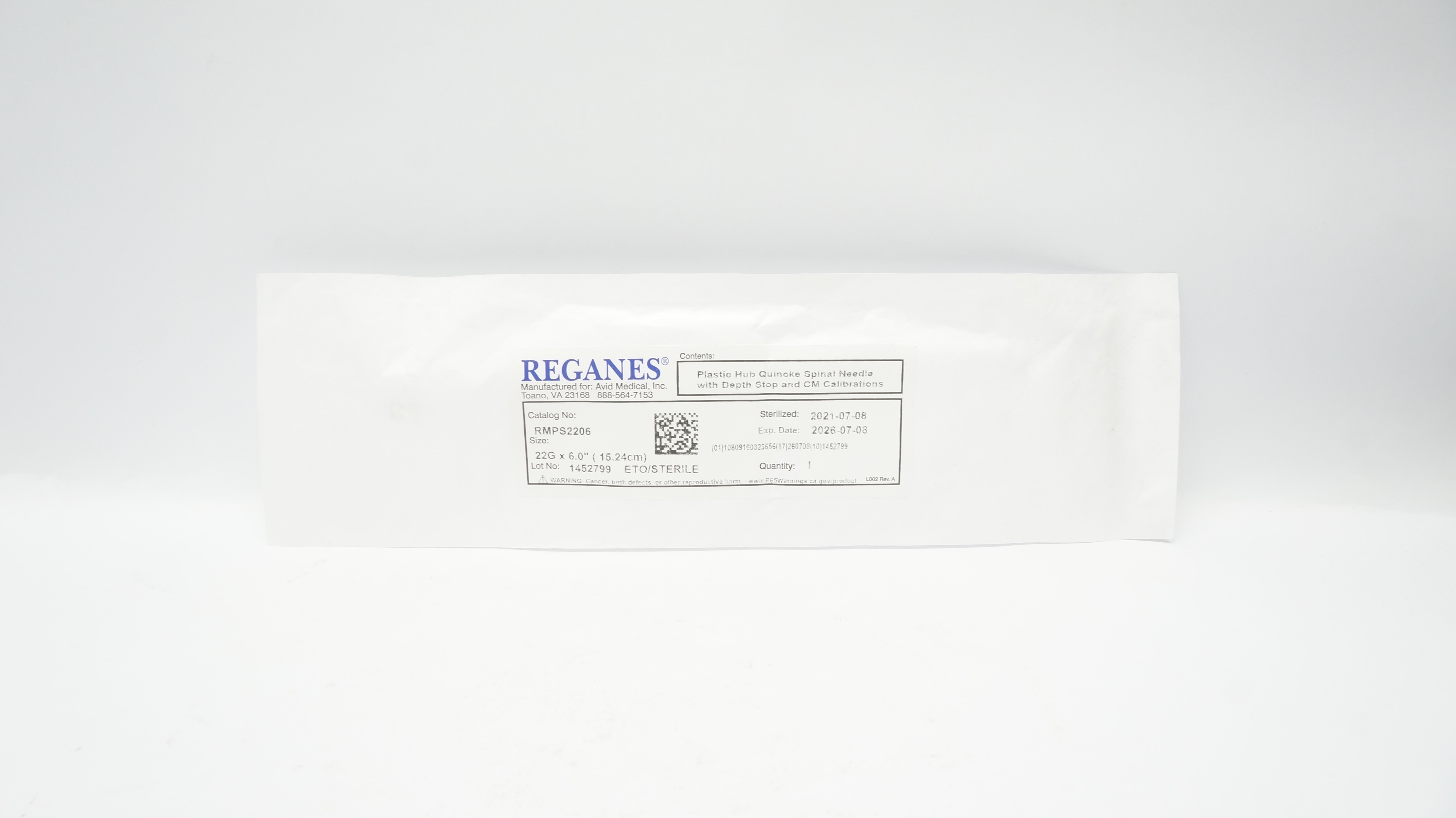 Avid Medical RMPS2206 Reganes Plastic Hub Quincke Spinal Needle 22Gx 6.0In