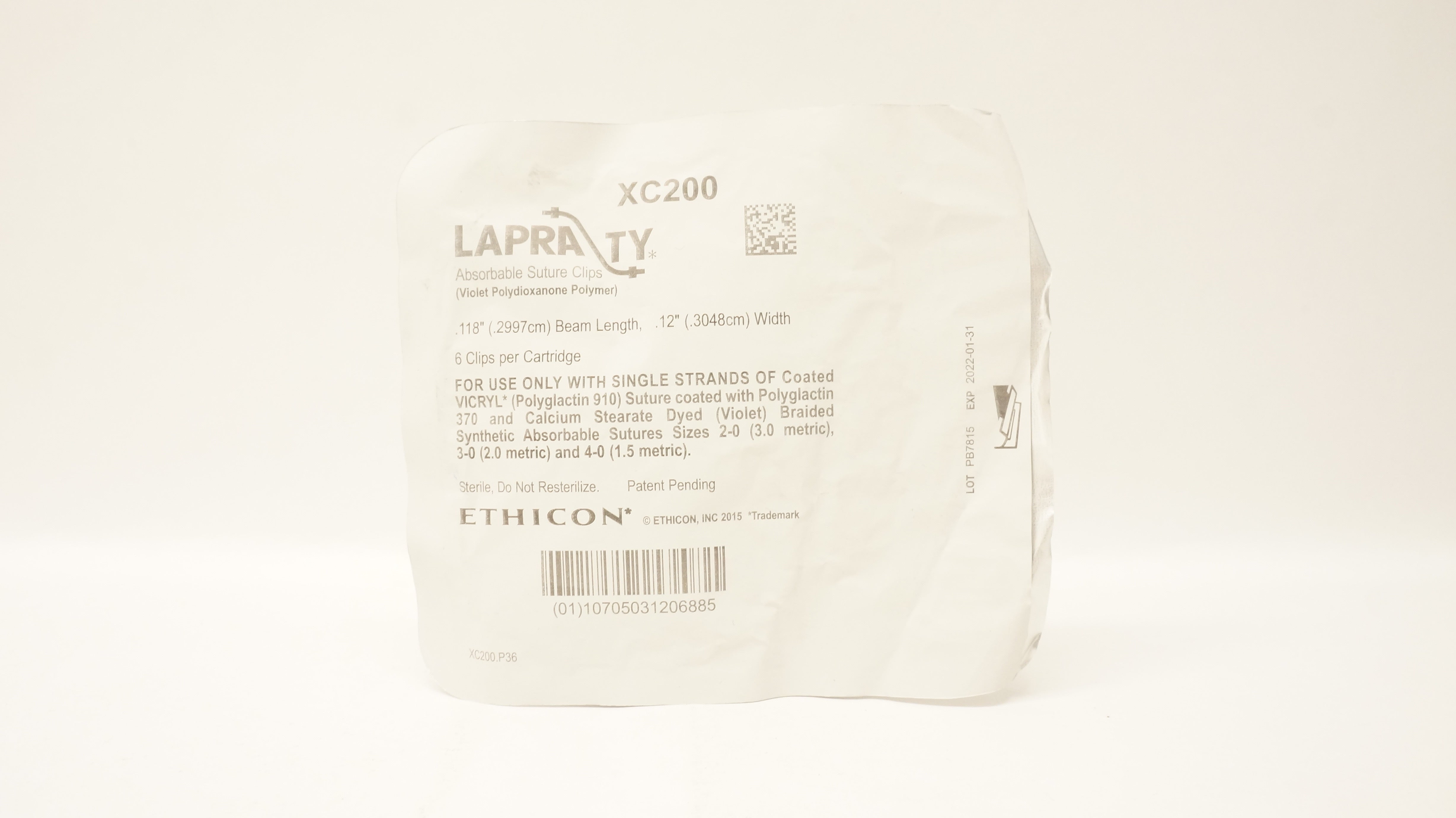 Ethicon XC200 LAPRA TY Absorbable Stre. Clips, Beam Length 12inch x 118inch (x)