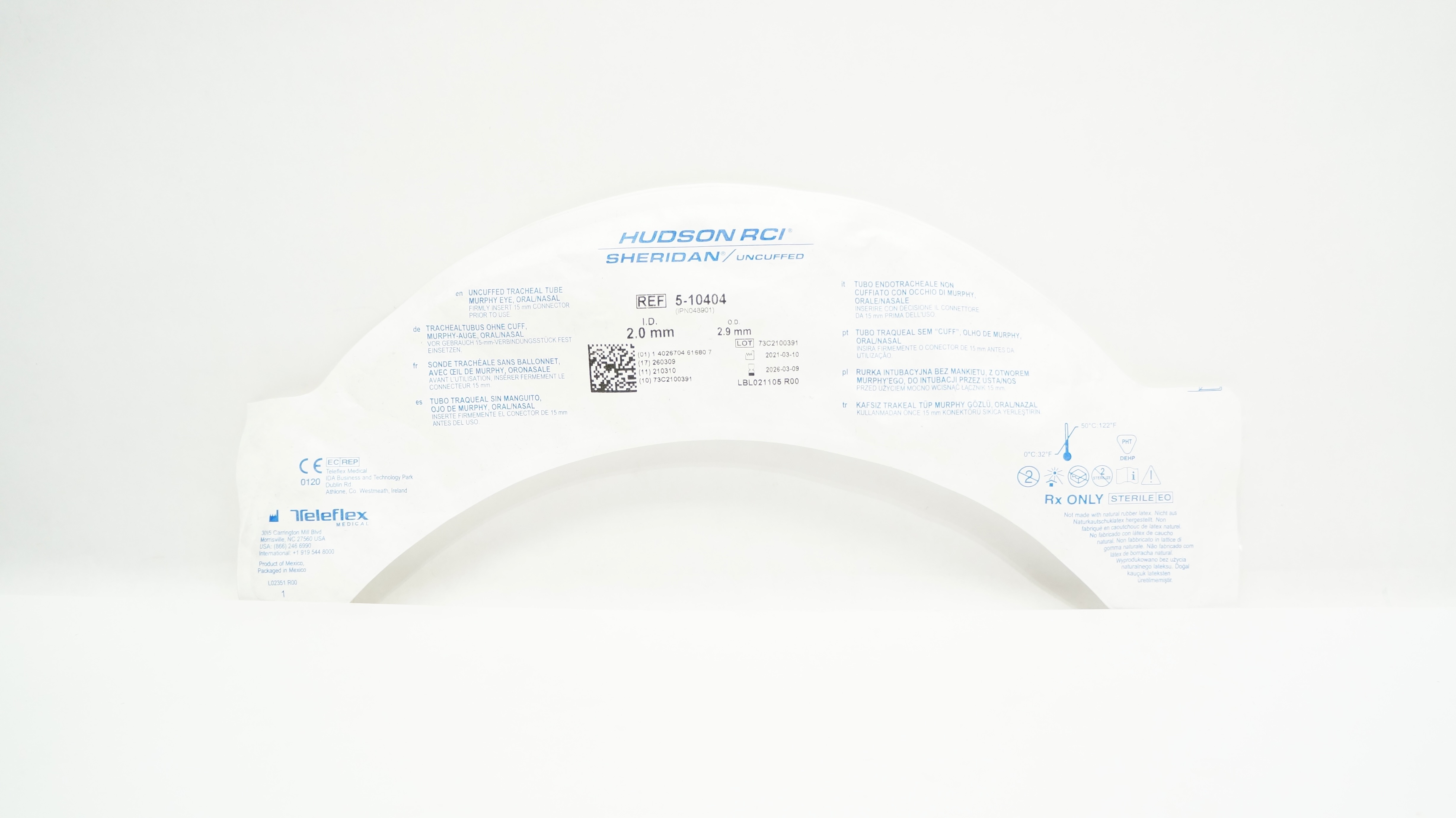 Teleflex 5-10404 Hudson RCI Sheridan HVT Uncuffed Tracheal Tube 2.0 ID x 2.9mmOD