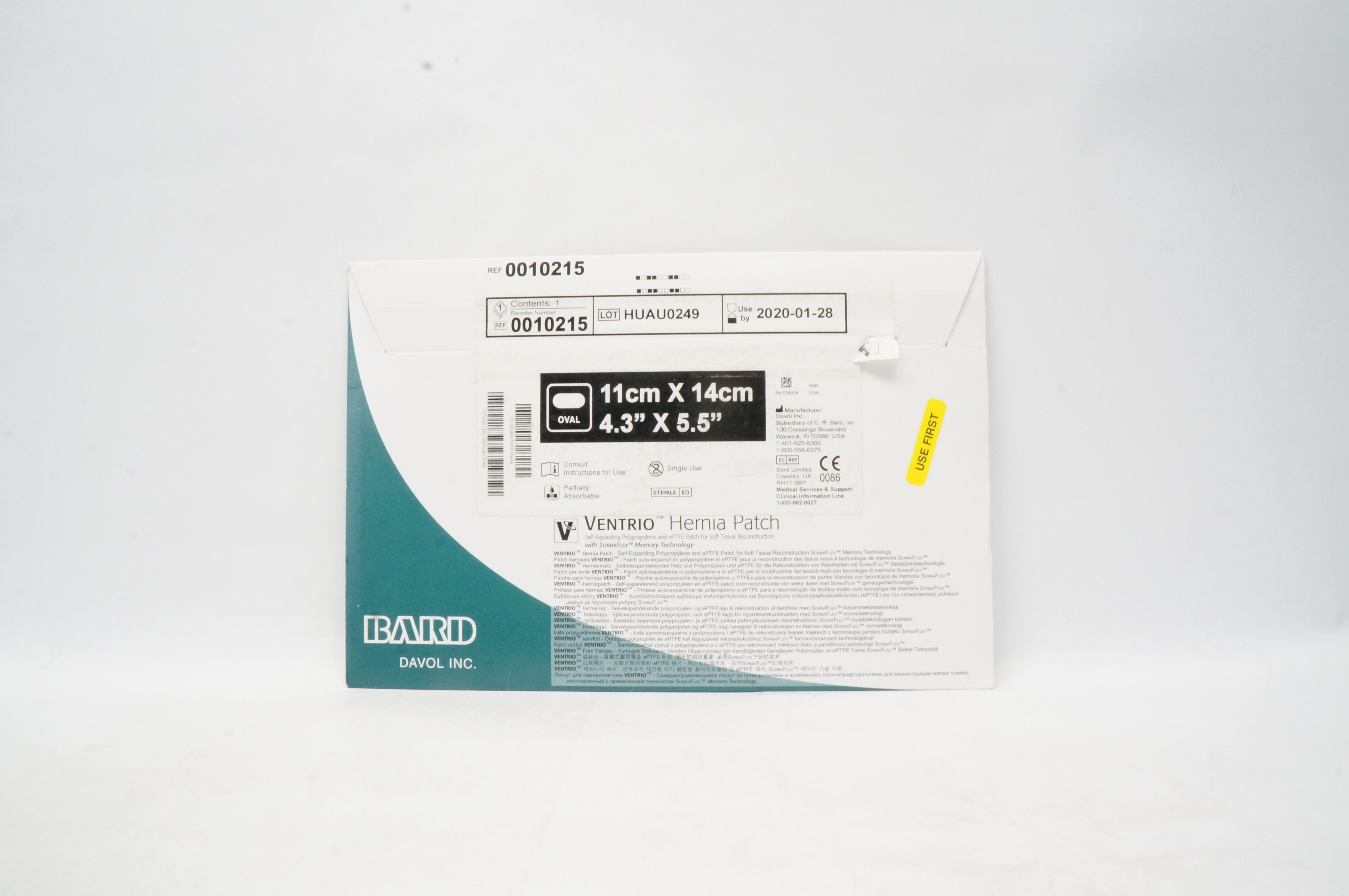 Bard 0010215 Ventrio Hernia Patch Oval 4.3in x 5.5in (x)