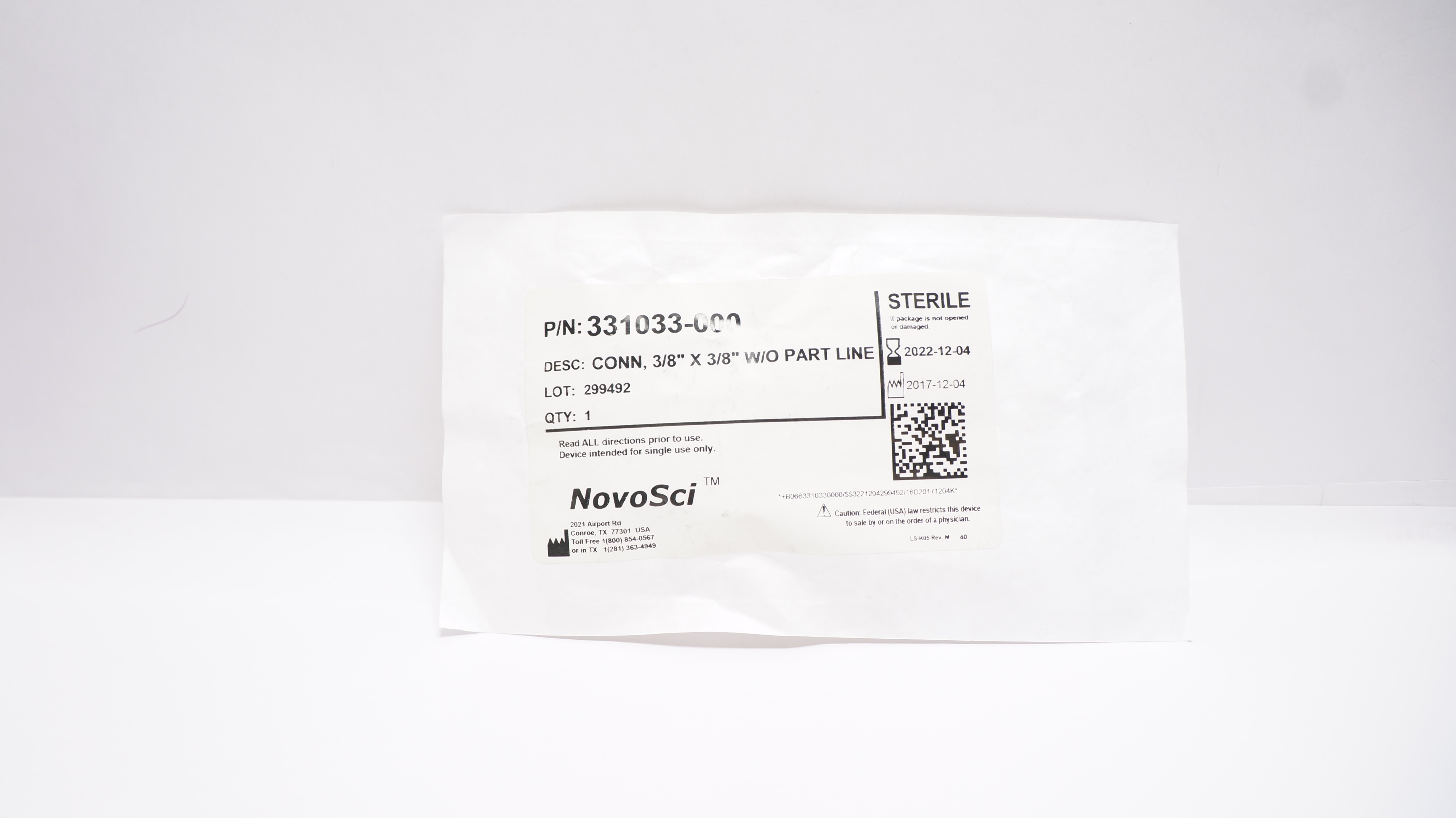 NovoSci 331033-000 Connector w/o Part Line, 3/8inch x 3/8inch (x)