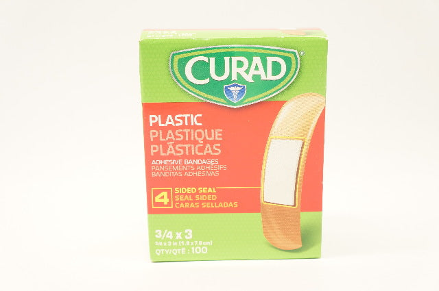 Medline Curad Plastic Adhesive Bandages 4Sided Seal 3/4inch x 3inch - Box of 100