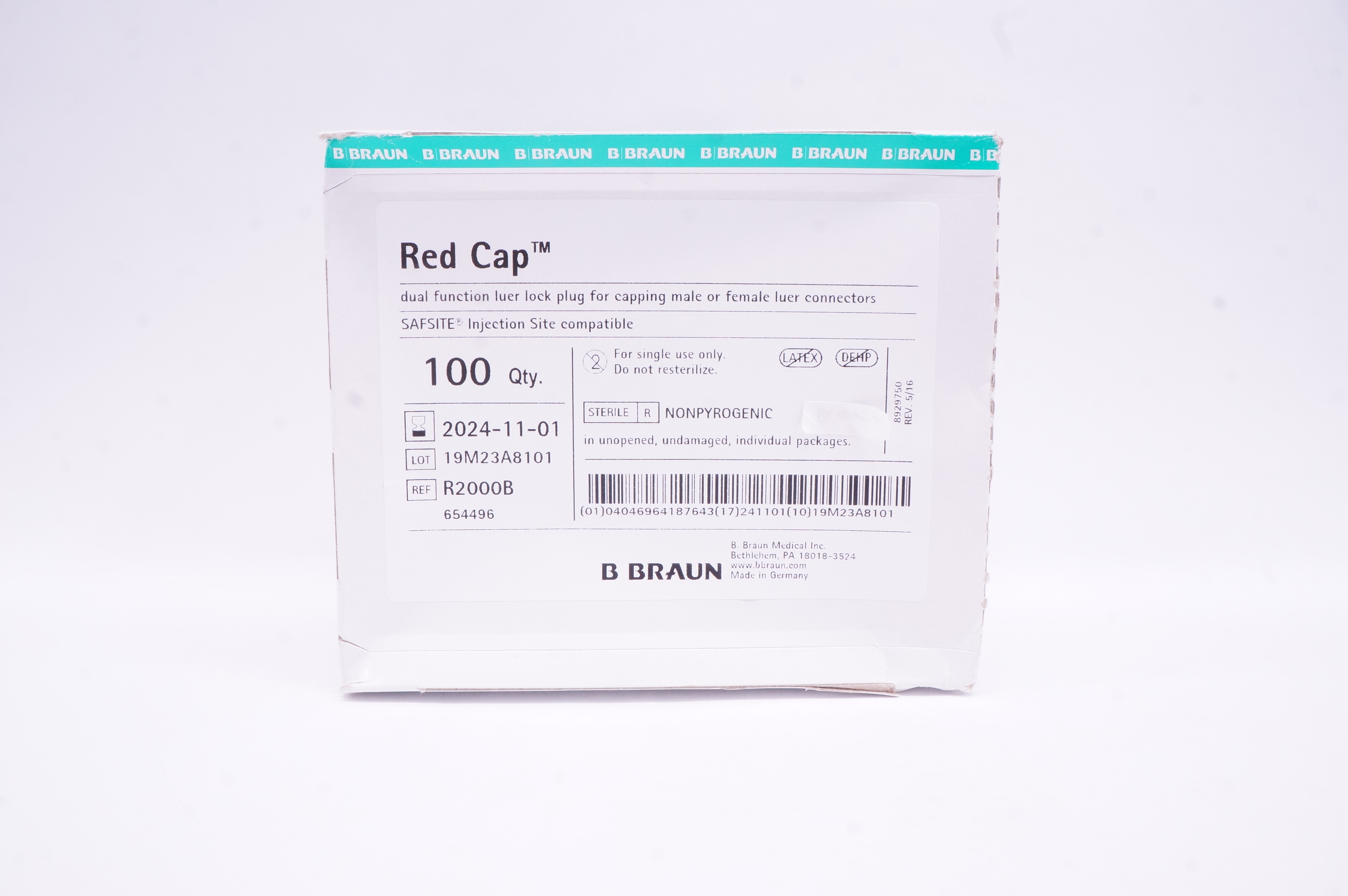 Braun R2000B Red Cap Dual Function Luer Lock Plug - Box of 100