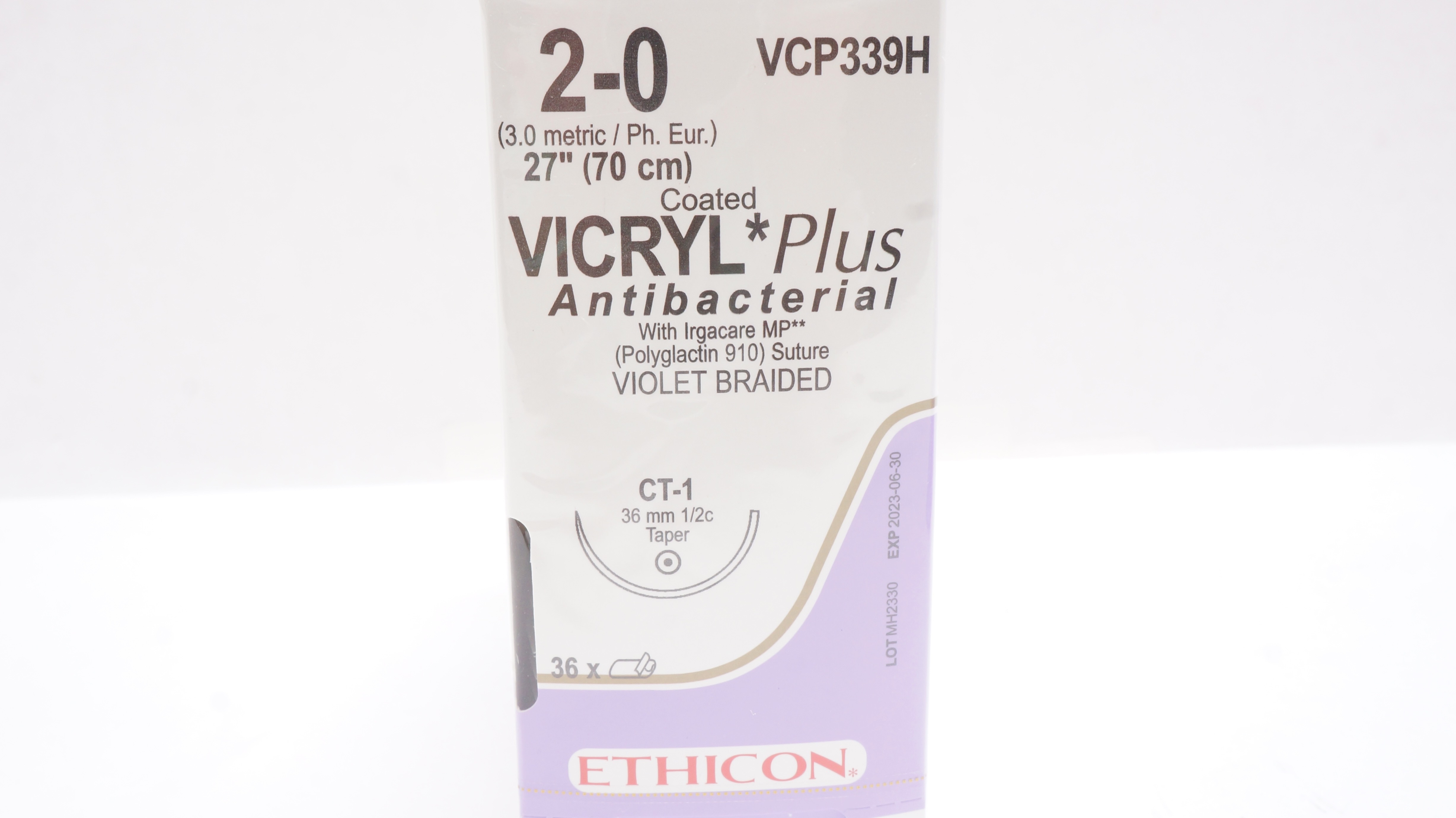 Ethicon VCP339H 2-0 VICRYL Plus Stre CT-1 36mm 1/2c Taper, 27inch (x)- Box of 36