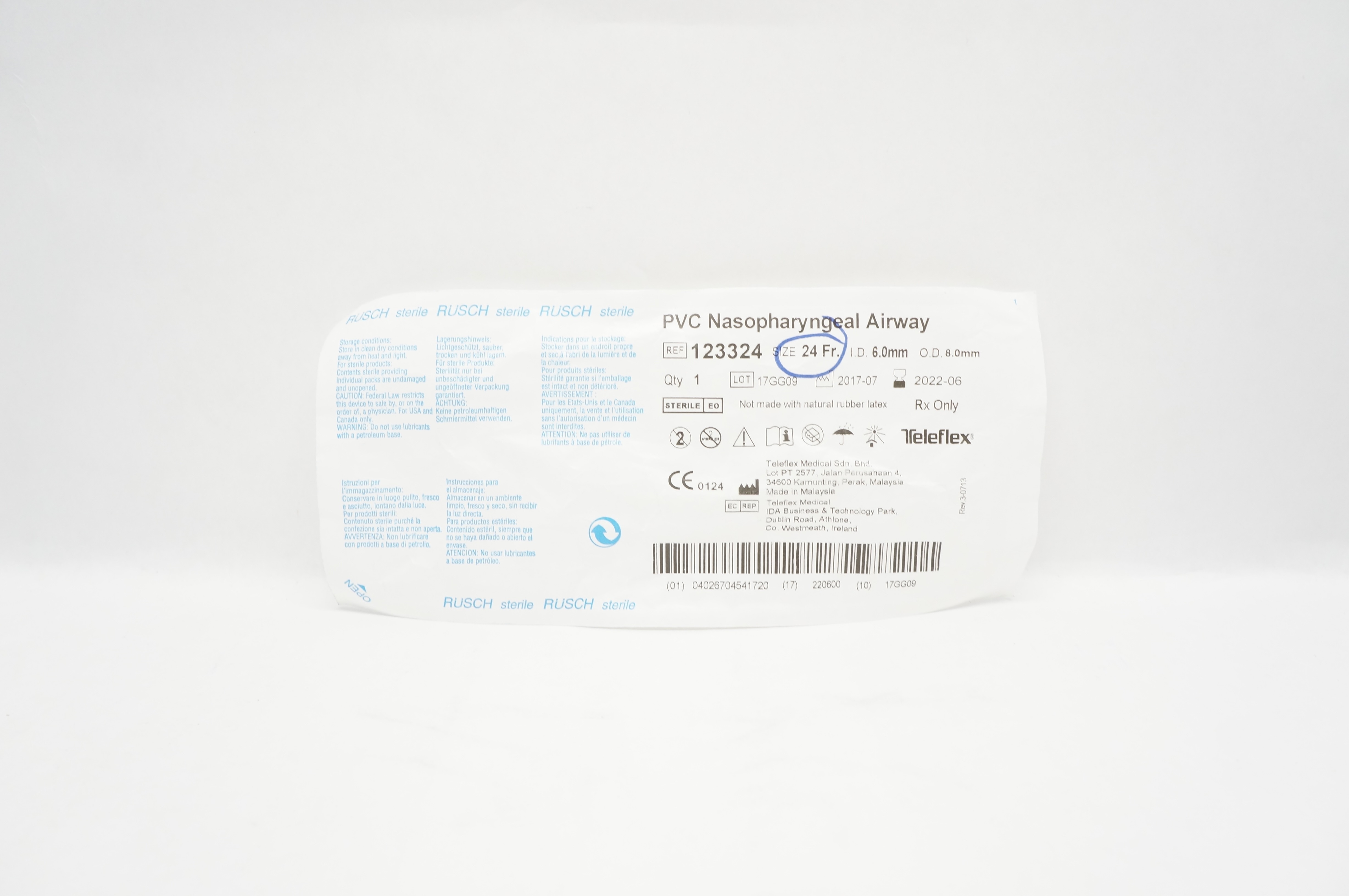 Teleflex 123324 Rusch PVC Nasopharyngeal Airway 24 Fr x 6.0mm ID x 8.0mm OD (x)